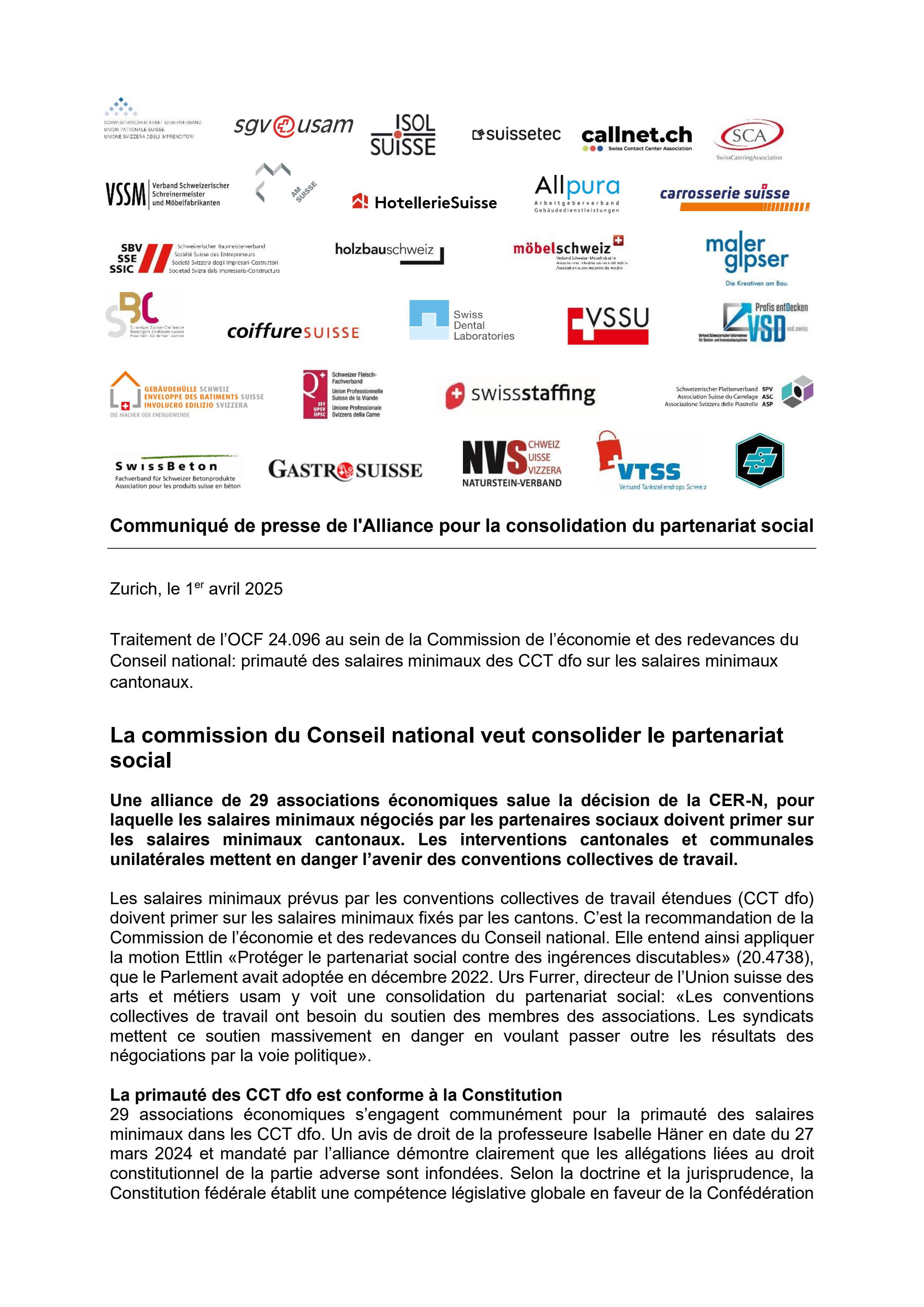 La commission du Conseil national veut consolider le partenariat social