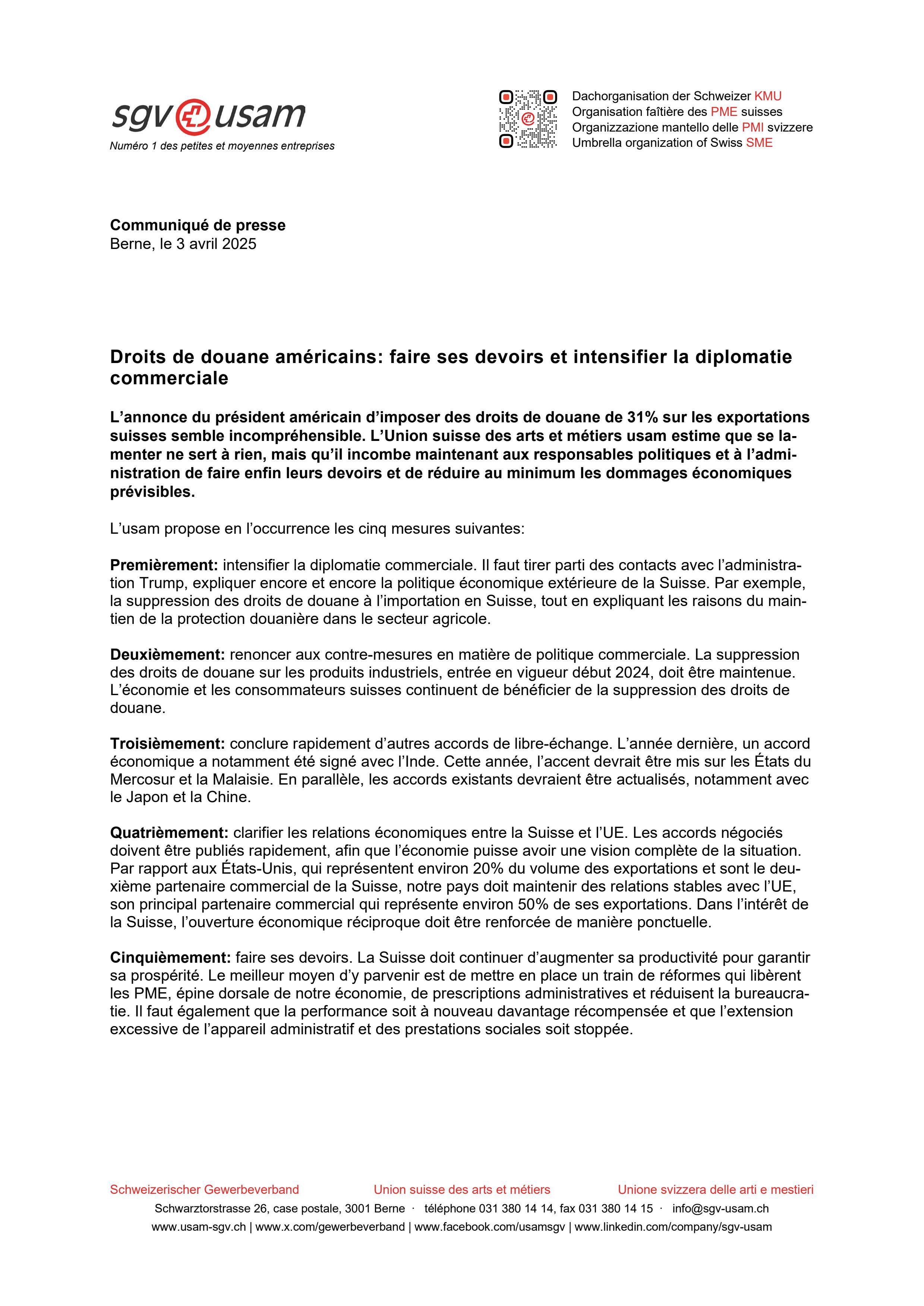 Droits de douane américains: faire ses devoirs et intensifier la diplomatie commerciale