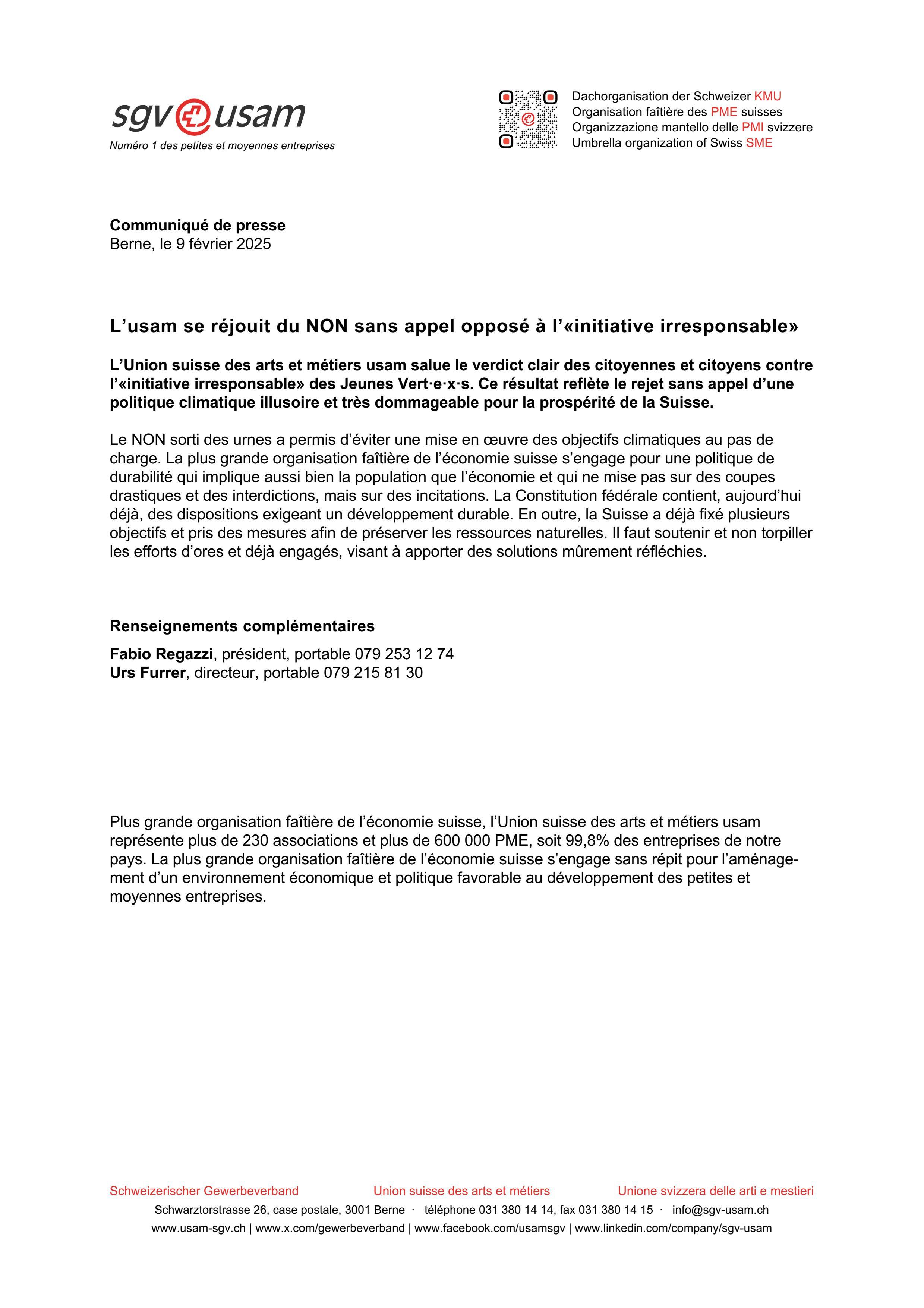L’usam se réjouit du NON sans appel opposé à l’«initiative irresponsable»