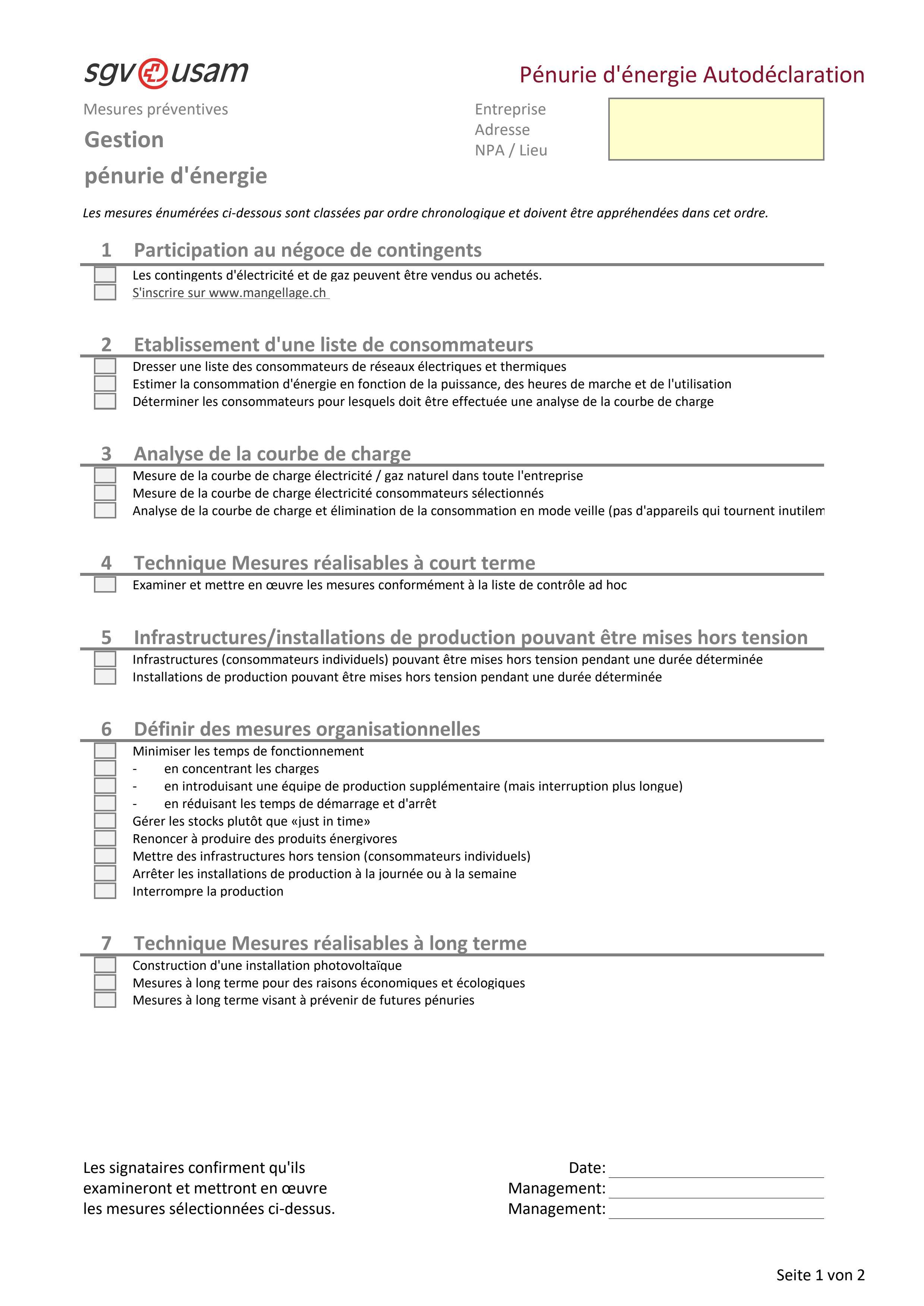  Liste de contrôle: Pénurie d'énergie autodéclaration - Gestion