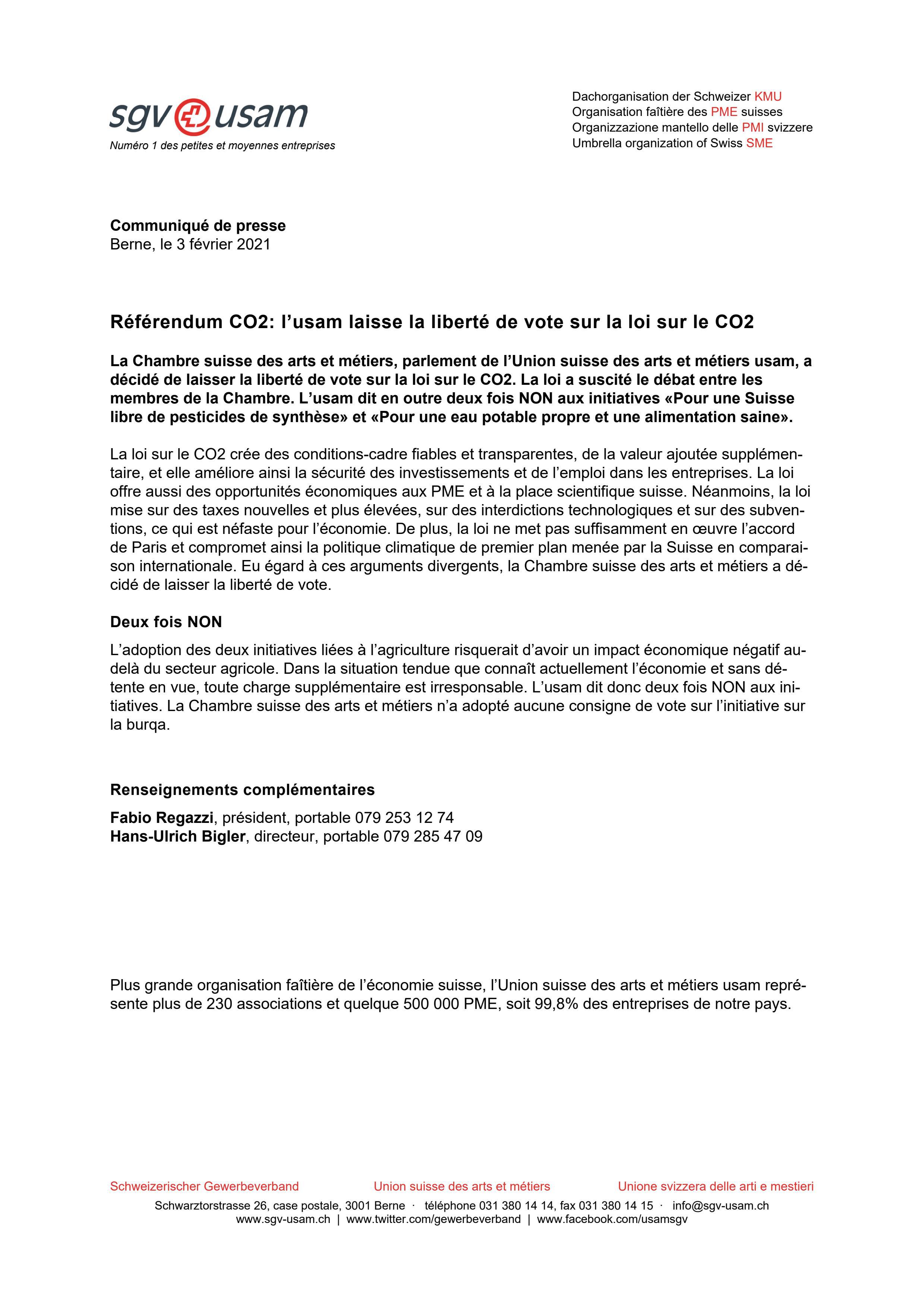 Référendum CO2: l’usam laisse la liberté de vote sur la loi sur le CO2