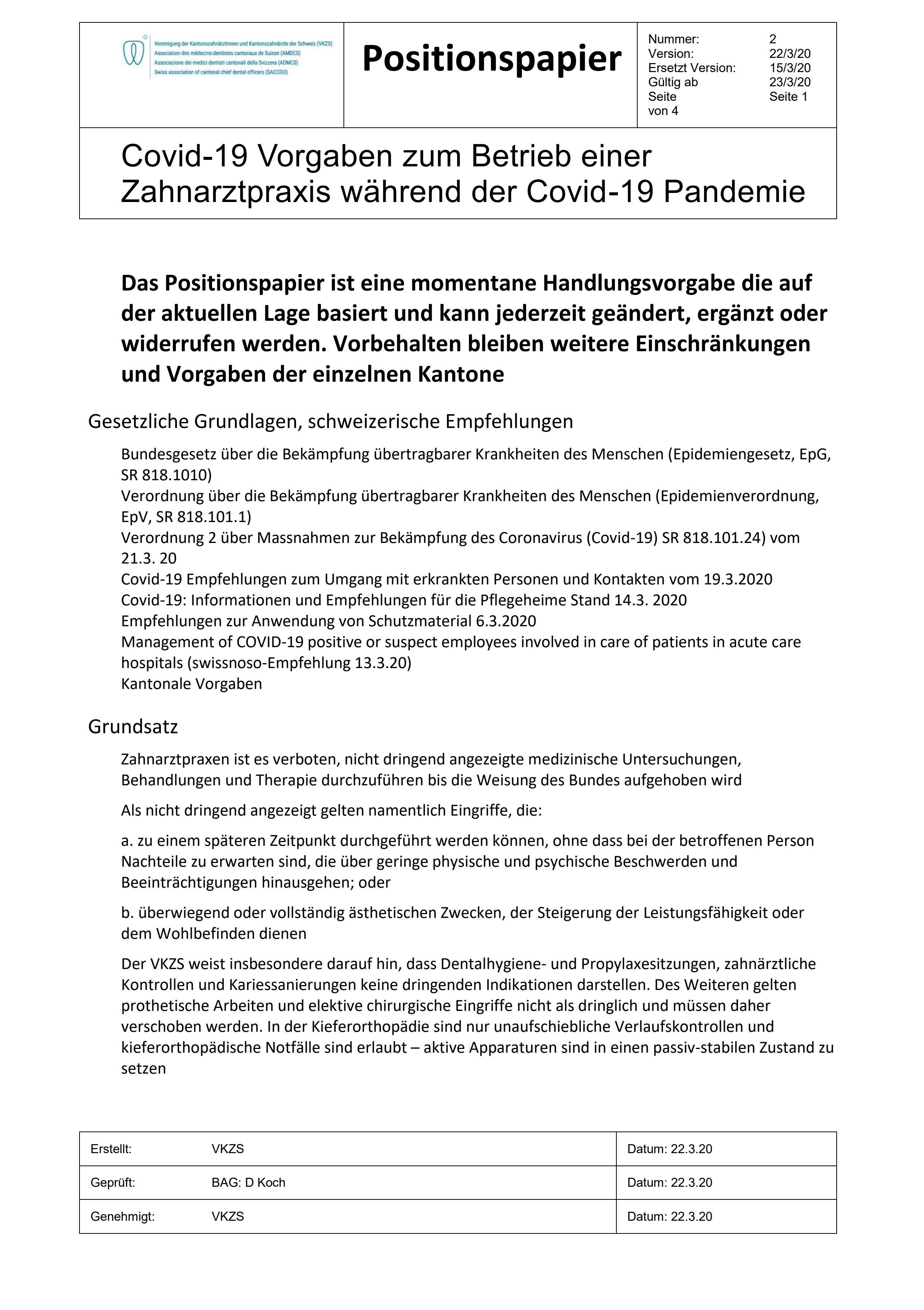  Konzept «Smart Restart» Zahnärzte, VKZS Vereinigung der Kantonszahnärztinnen und Kantonszahnärzte der Schweiz (disponible en allemand seulement)