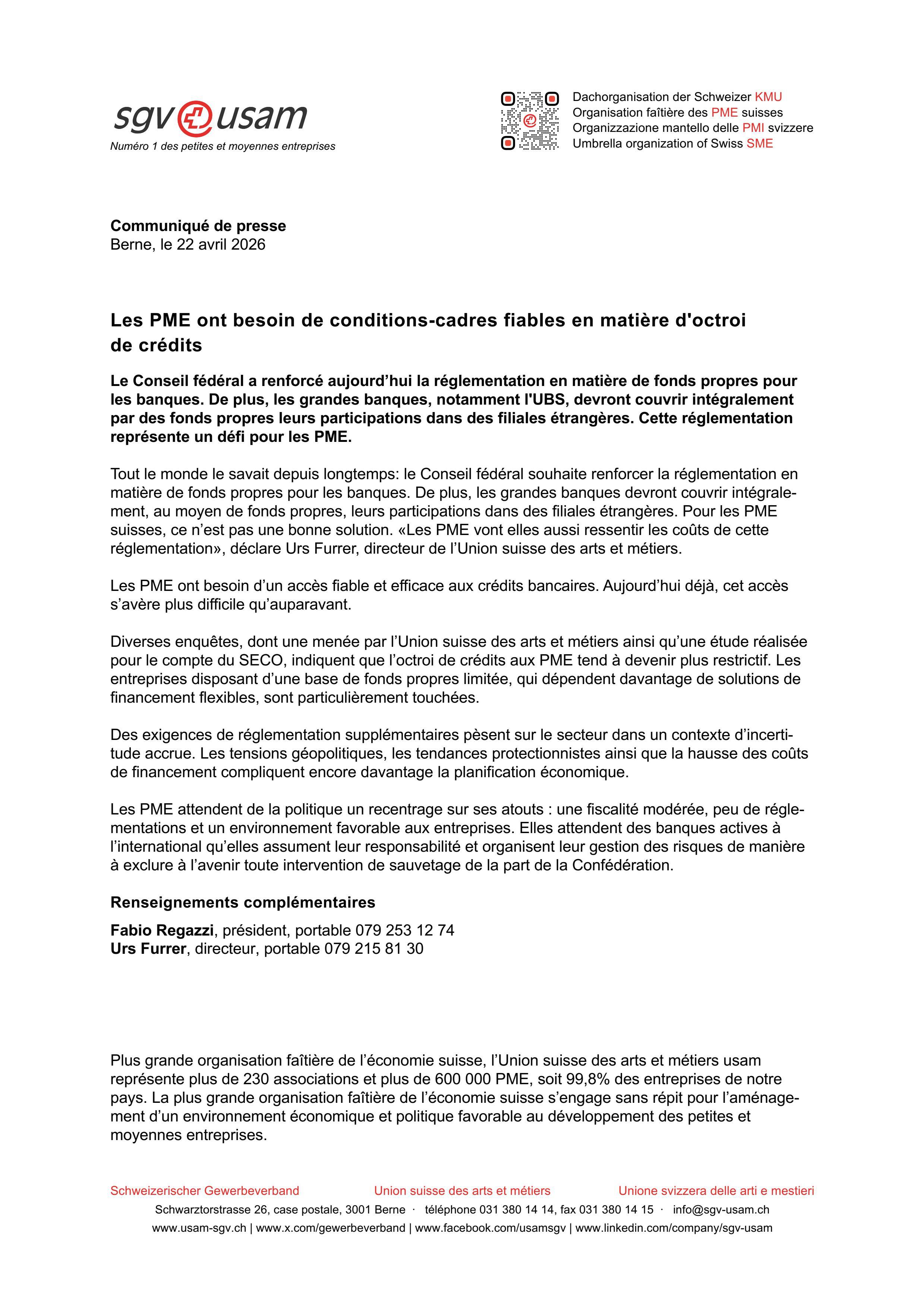 Les PME ont besoin de conditions-cadres fiables en matière d'octroi de crédits