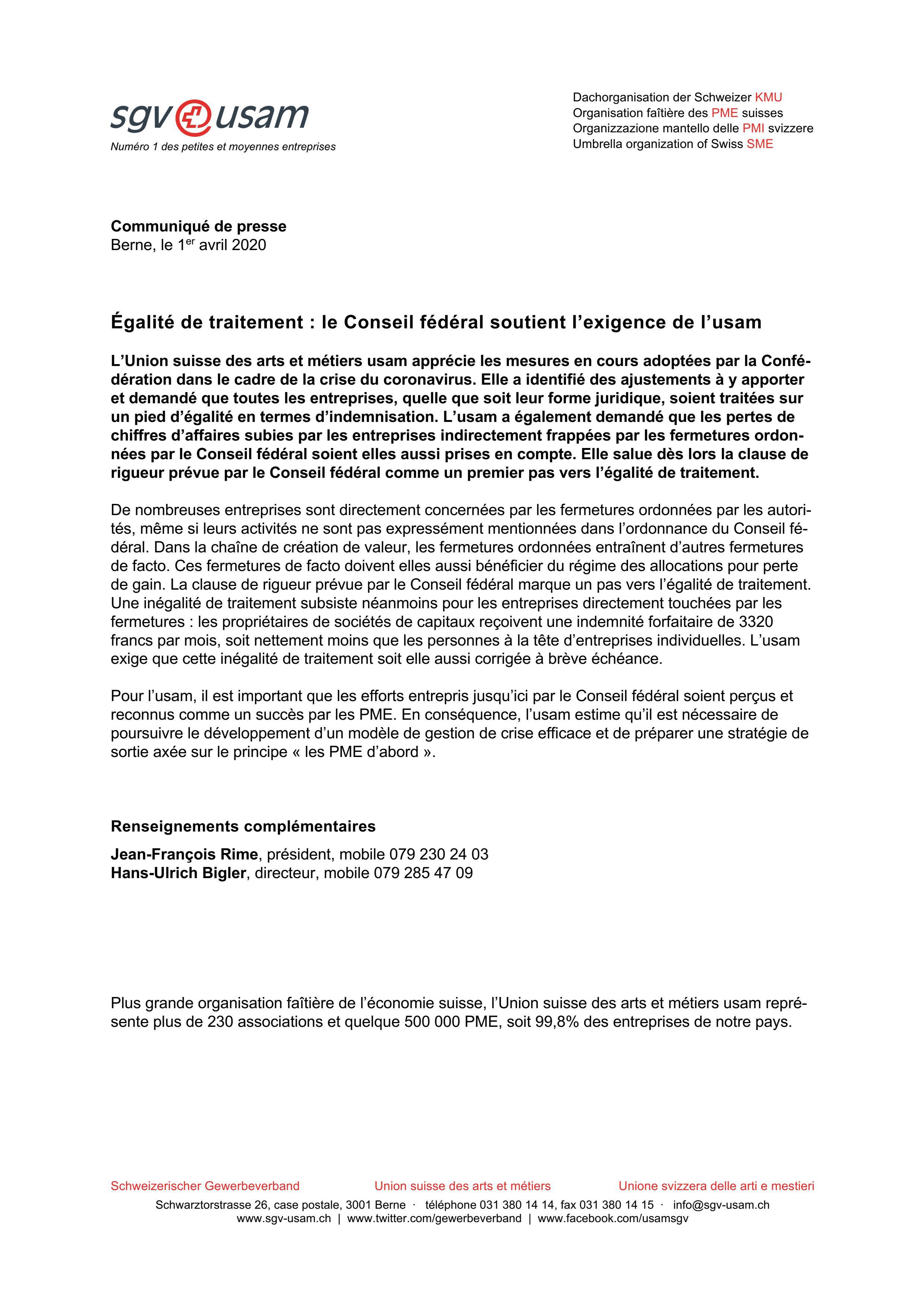 Égalité de traitement: le Conseil fédéral soutient l’exigence de l’usam