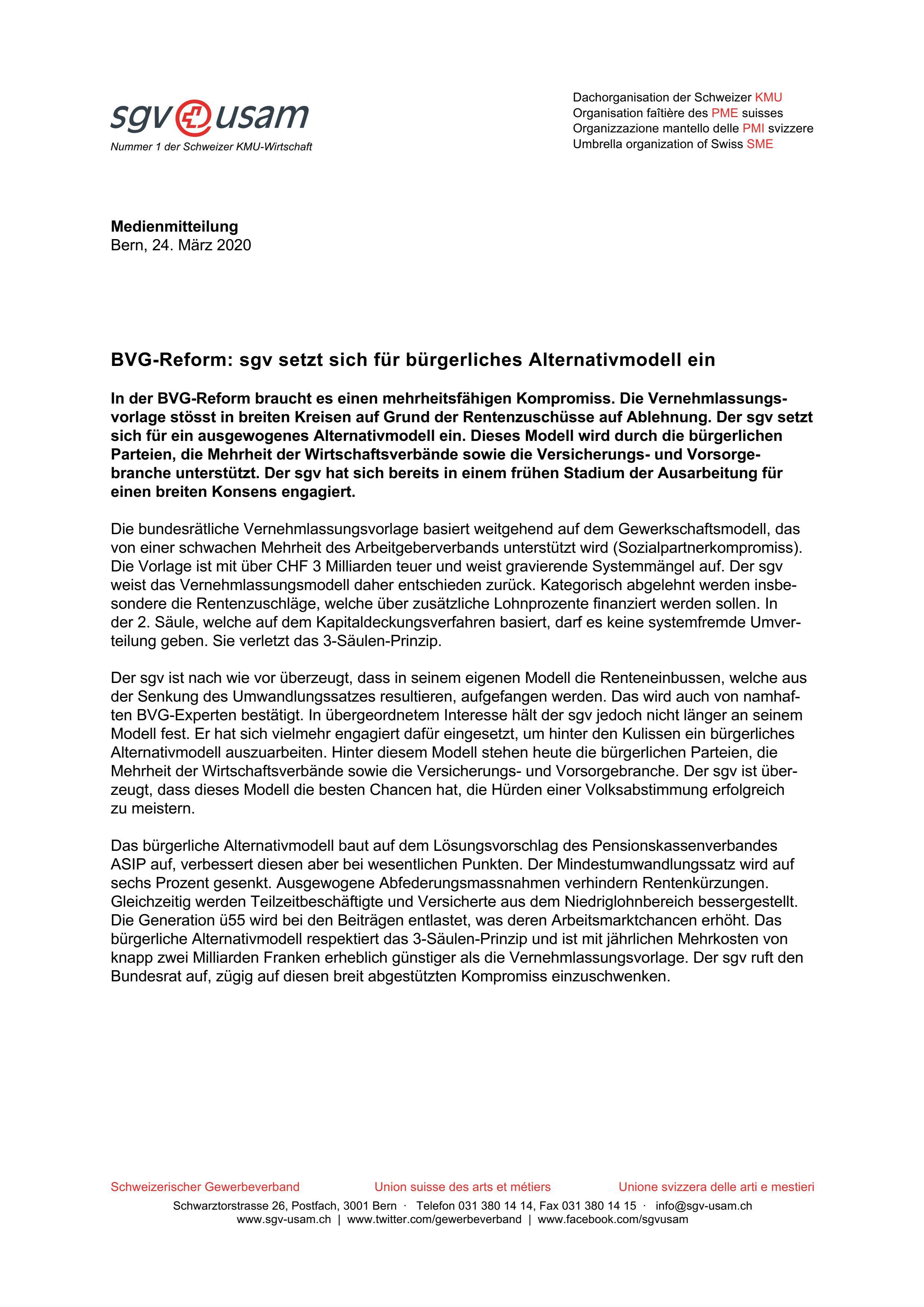 BVG-Reform: sgv setzt sich für bürgerliches Alternativmodell ein