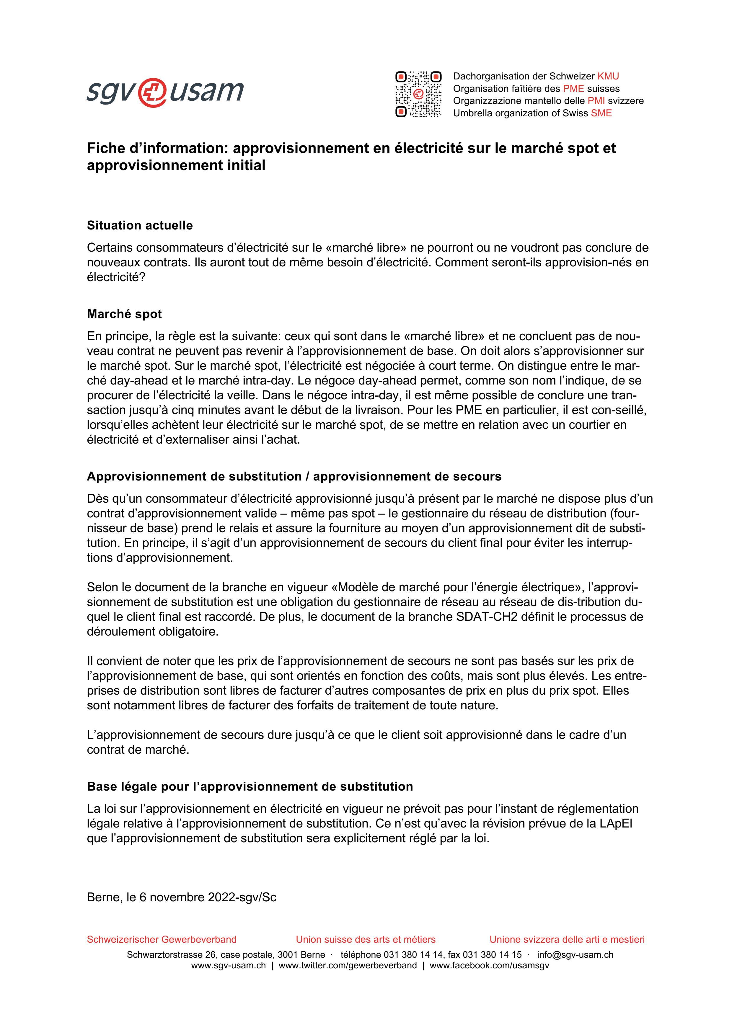  Fiche d’information: approvisionnement en électricité sur le marché spot et approvisionnement initial