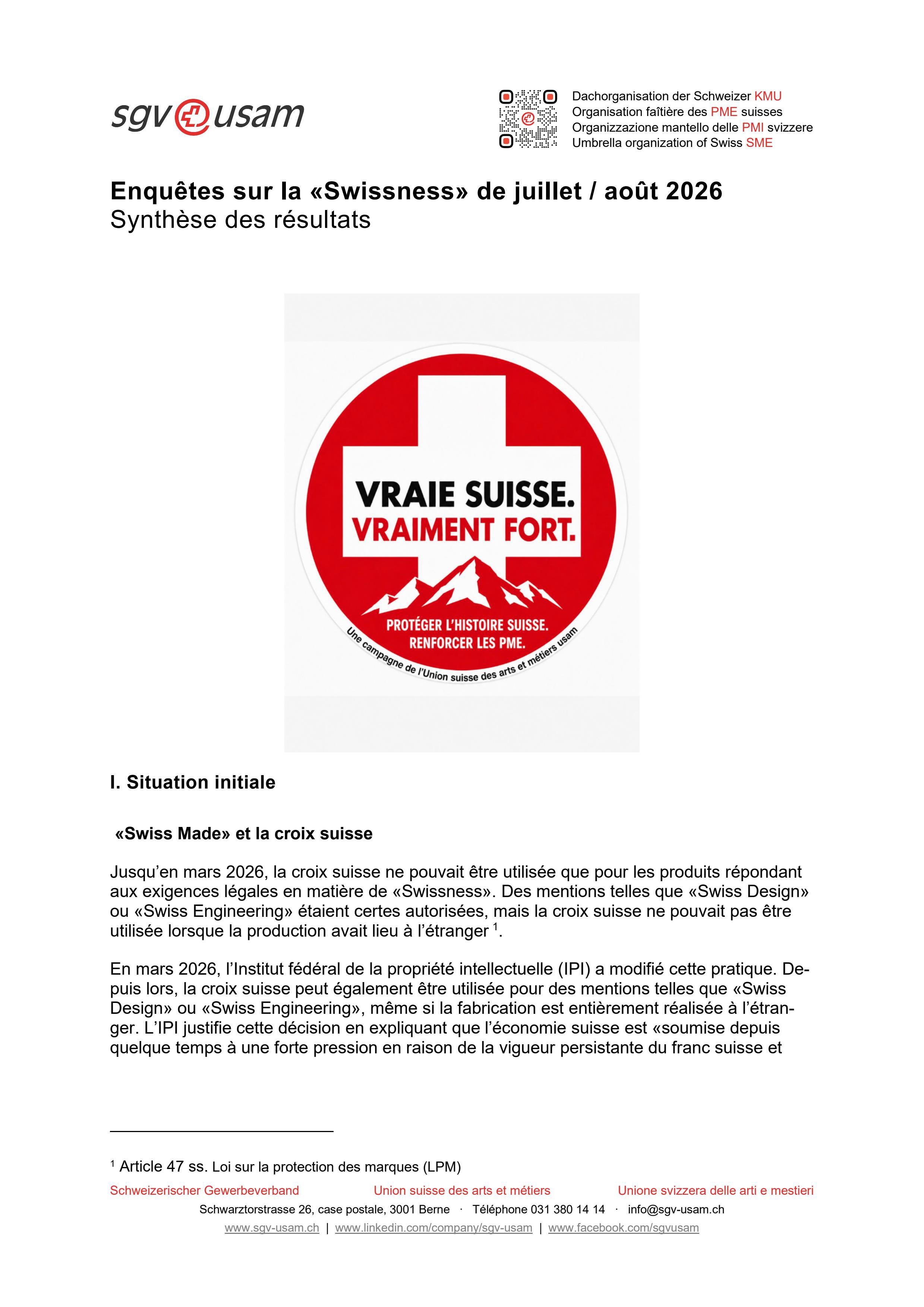 Enquêtes sur la «Swissness» de juillet / août 2026 - Synthèse des résultats