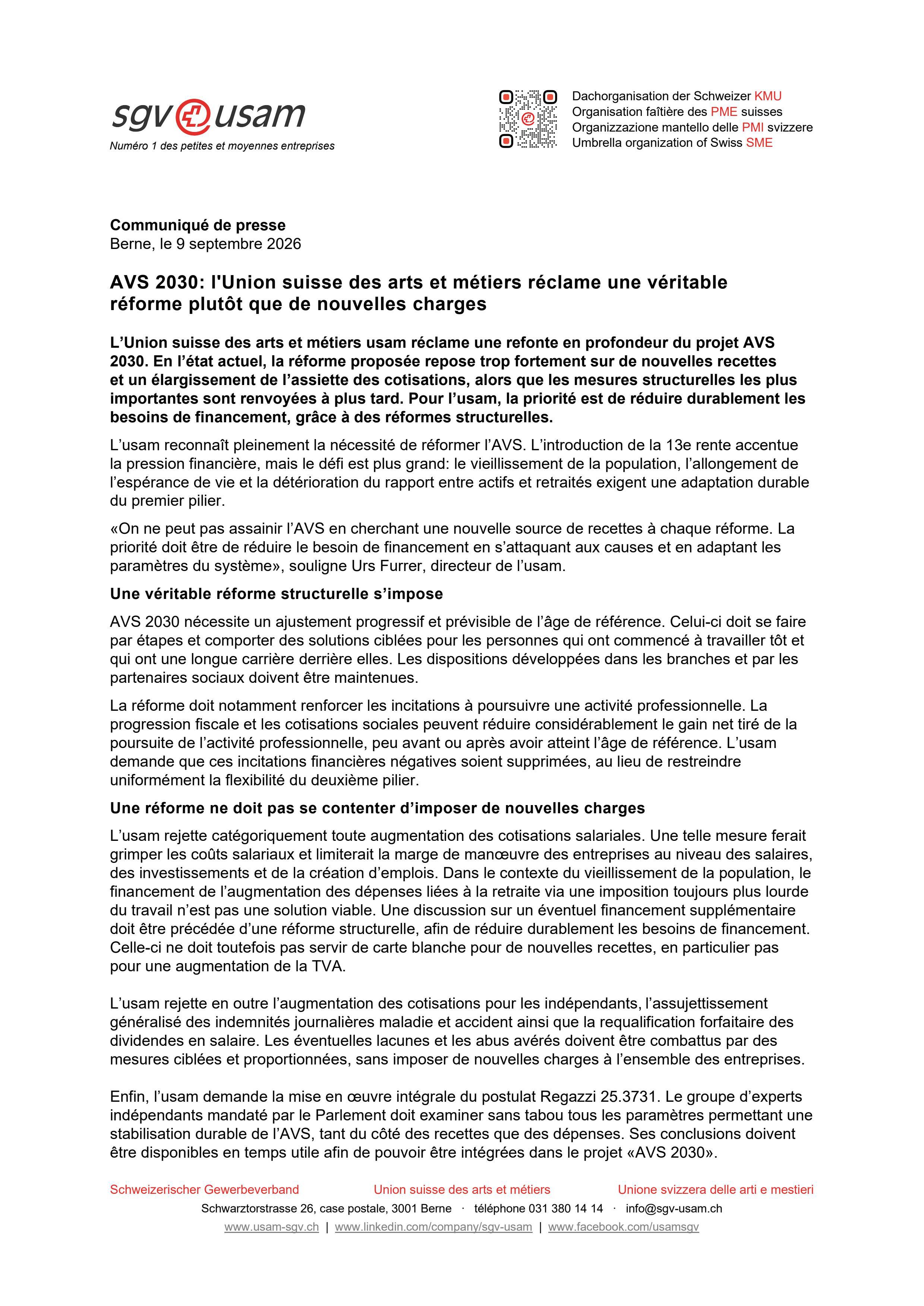 AVS 2030: l'Union suisse des arts et métiers réclame une véritable réforme plutôt que de nouvelles charges
