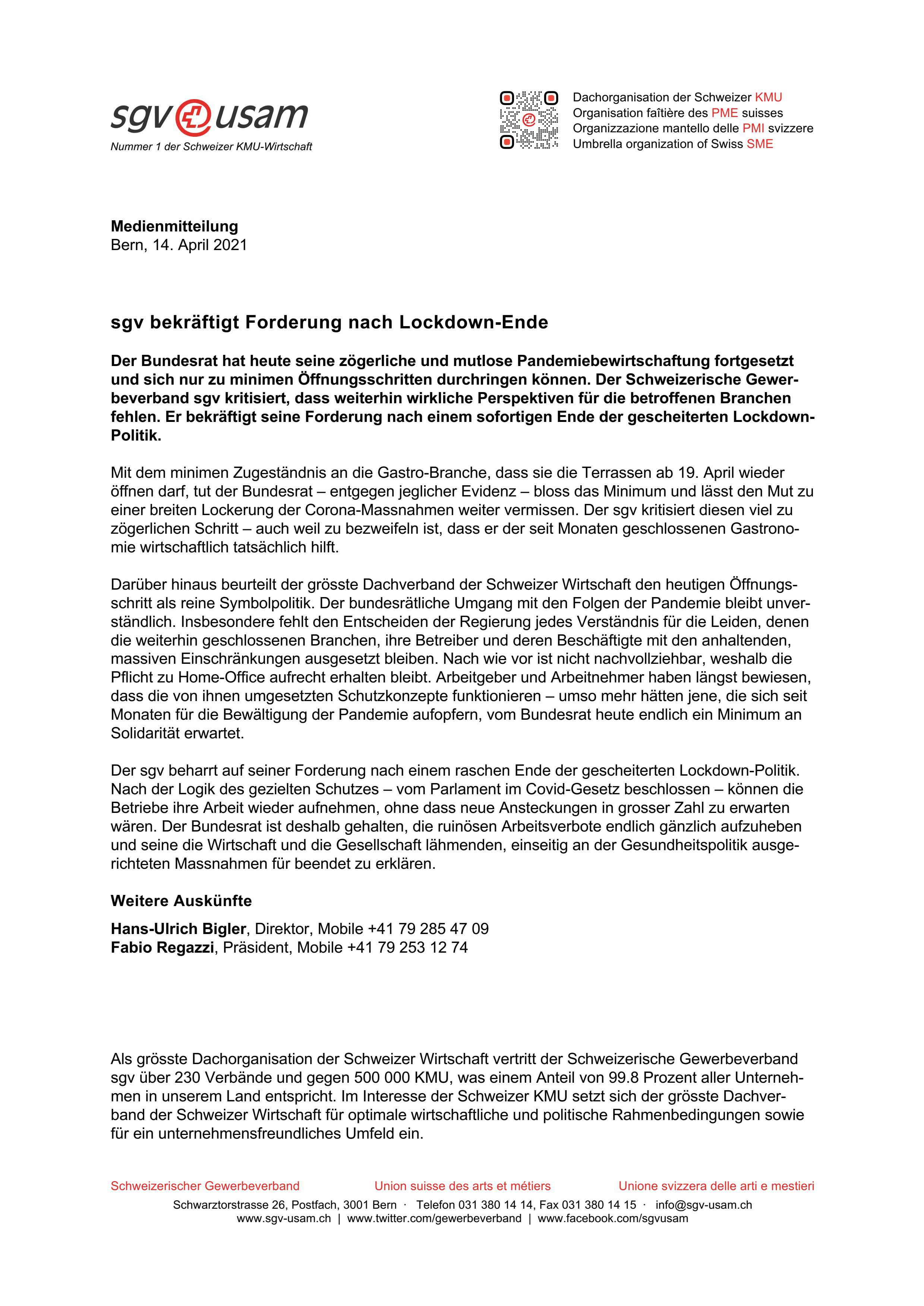 sgv bekräftigt Forderung nach Lockdown-Ende