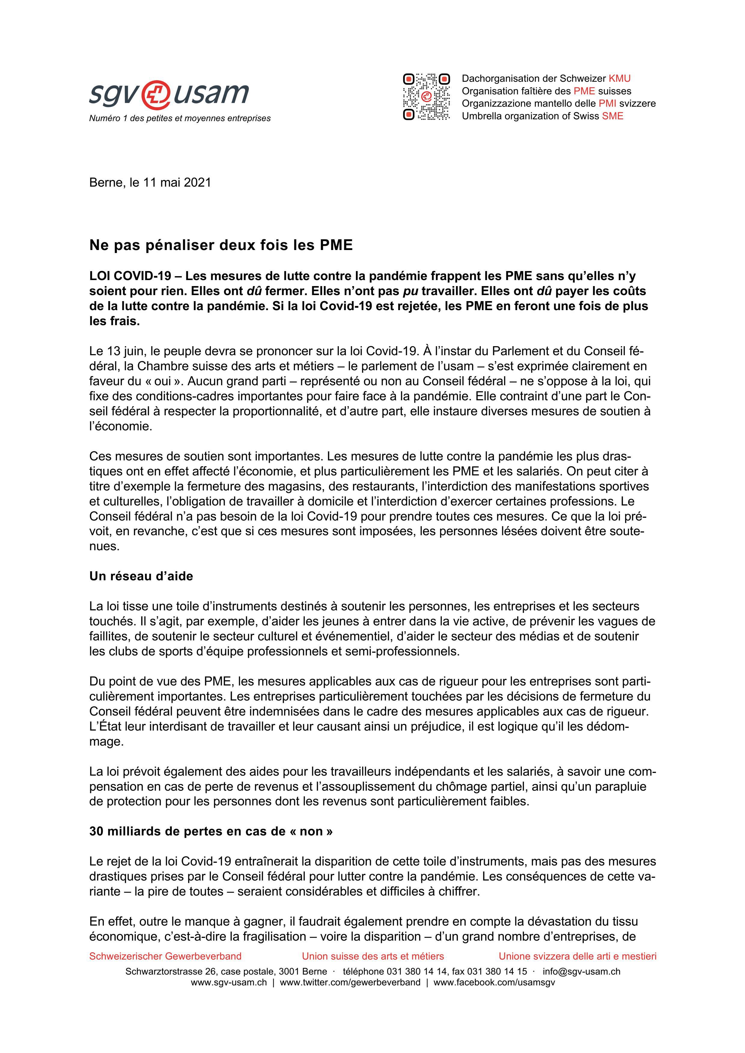  Loi Covid-19: Ne pas pénaliser deux fois les PME