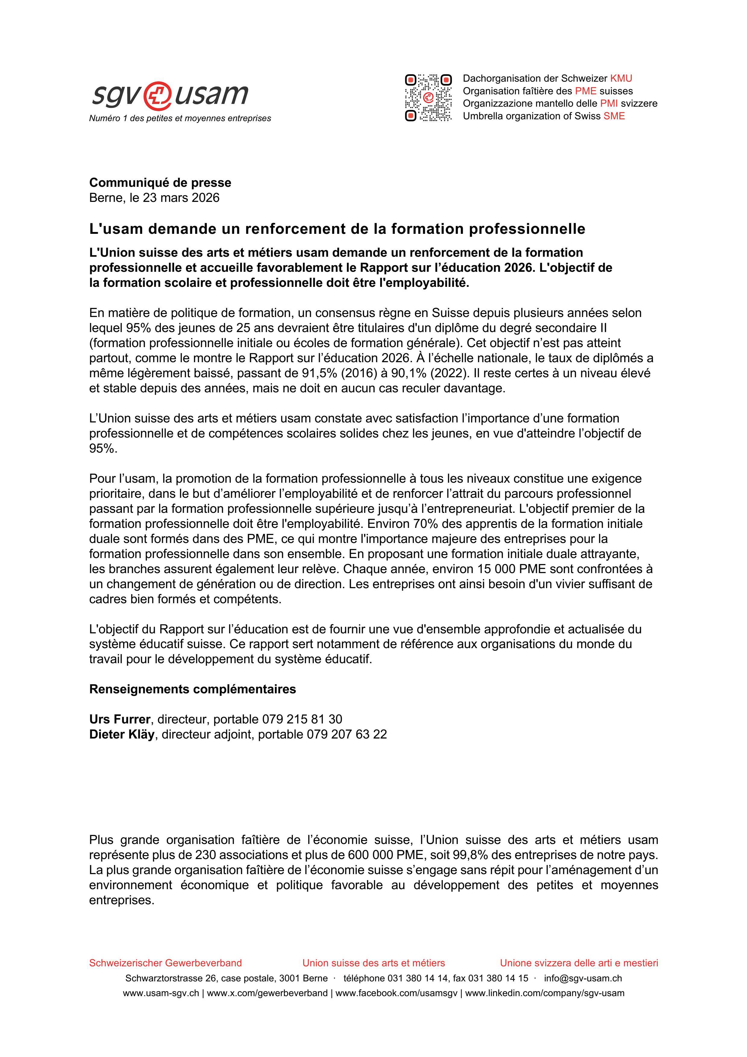 L'usam demande un renforcement de la formation professionnelle