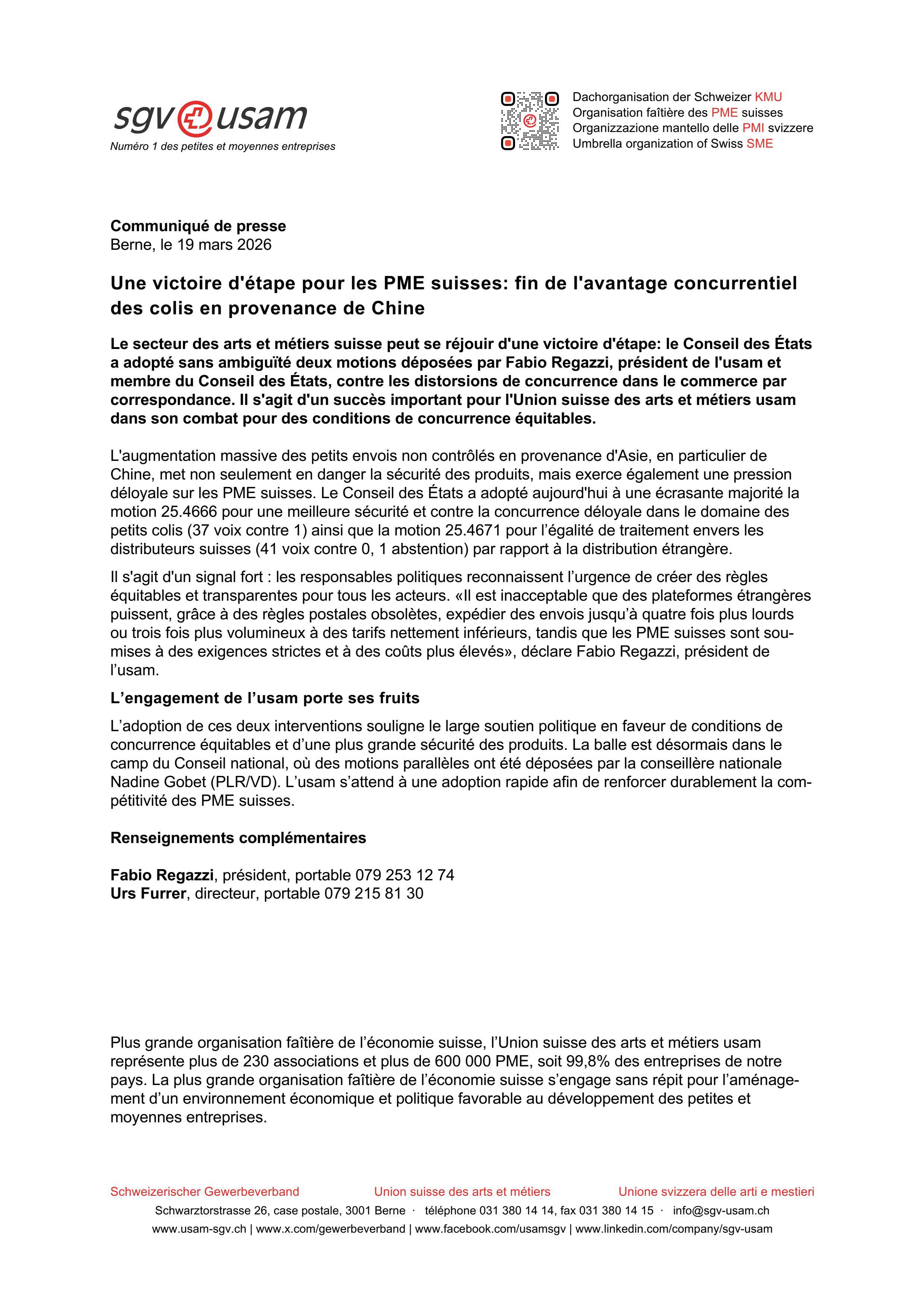 Une victoire d'étape pour les PME suisses: fin de l'avantage concurrentiel des colis en provenance de Chine