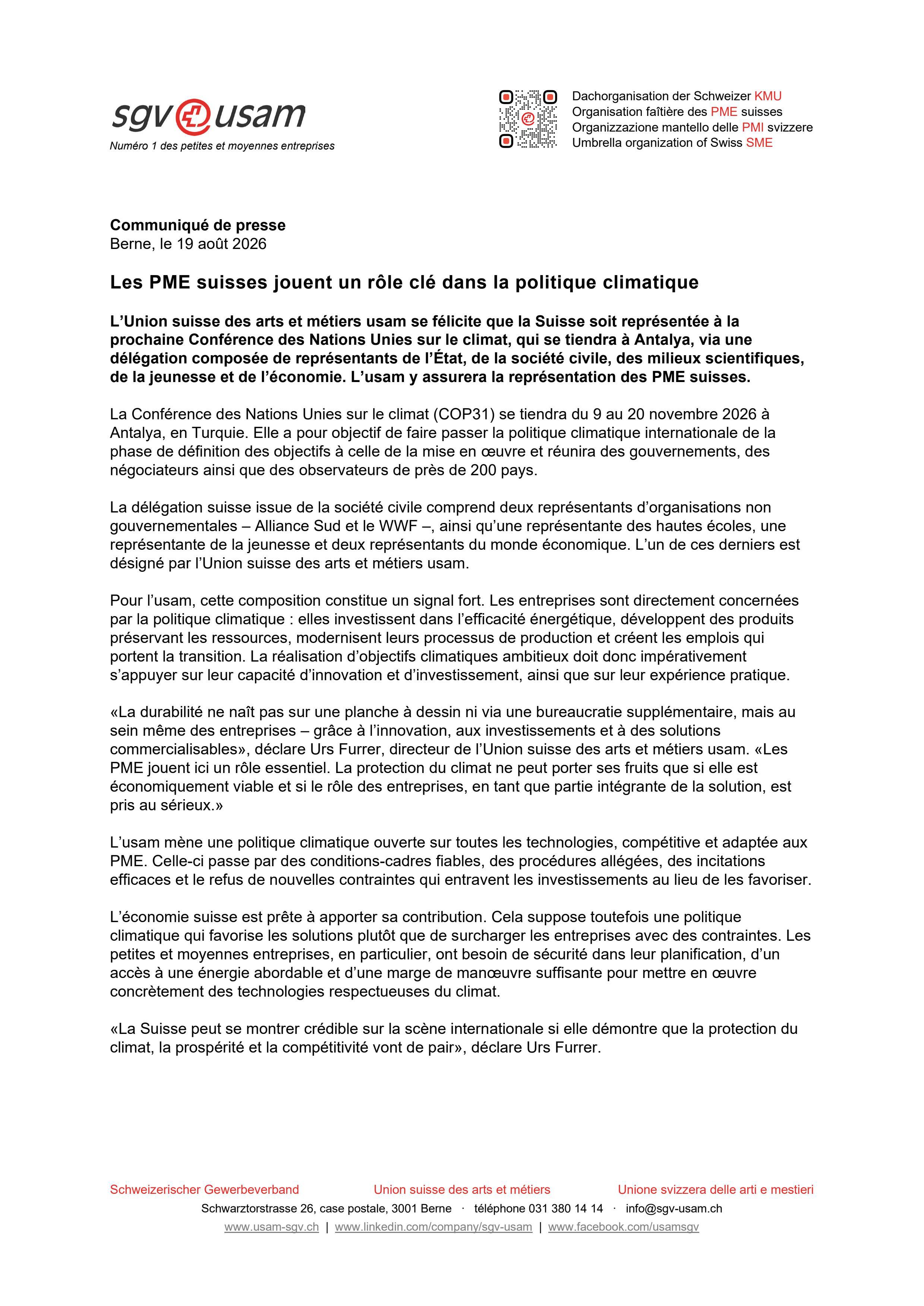 Les PME suisses jouent un rôle clé dans la politique climatique