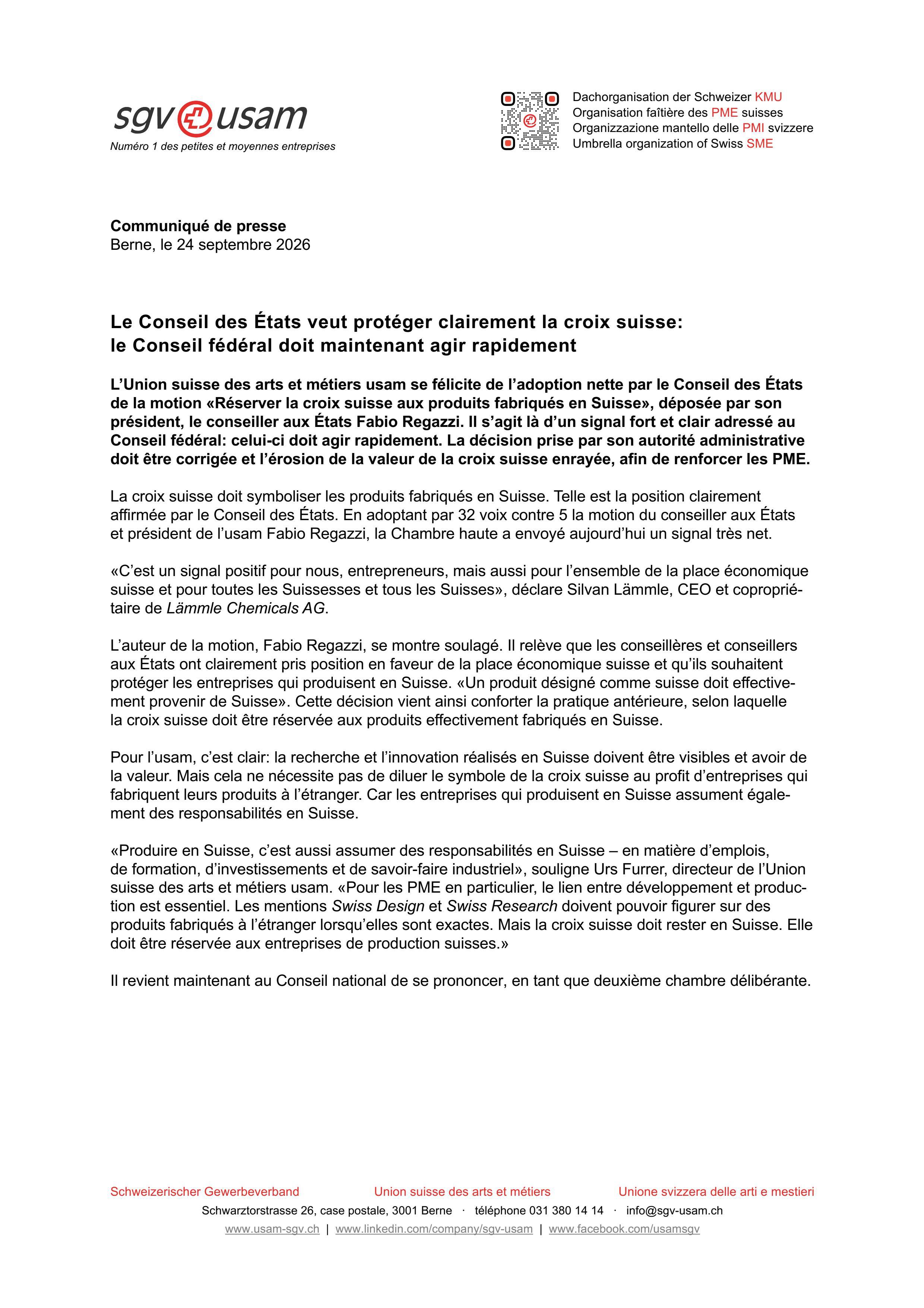 Le Conseil des États veut protéger clairement la croix suisse: le Conseil fédéral doit maintenant agir rapidement