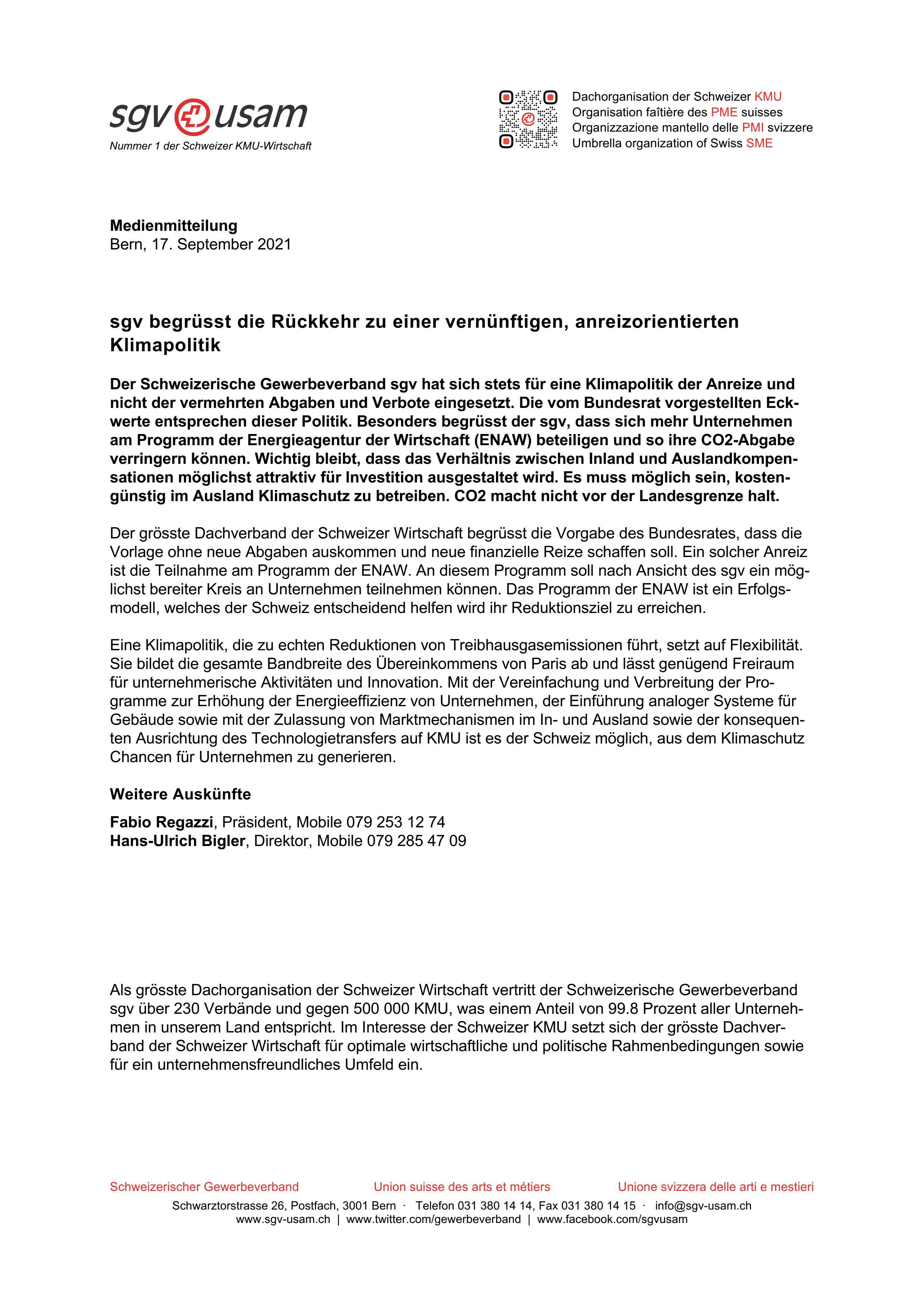 sgv begrüsst die Rückkehr zu einer vernünftigen, anreizorientierten Klimapolitik