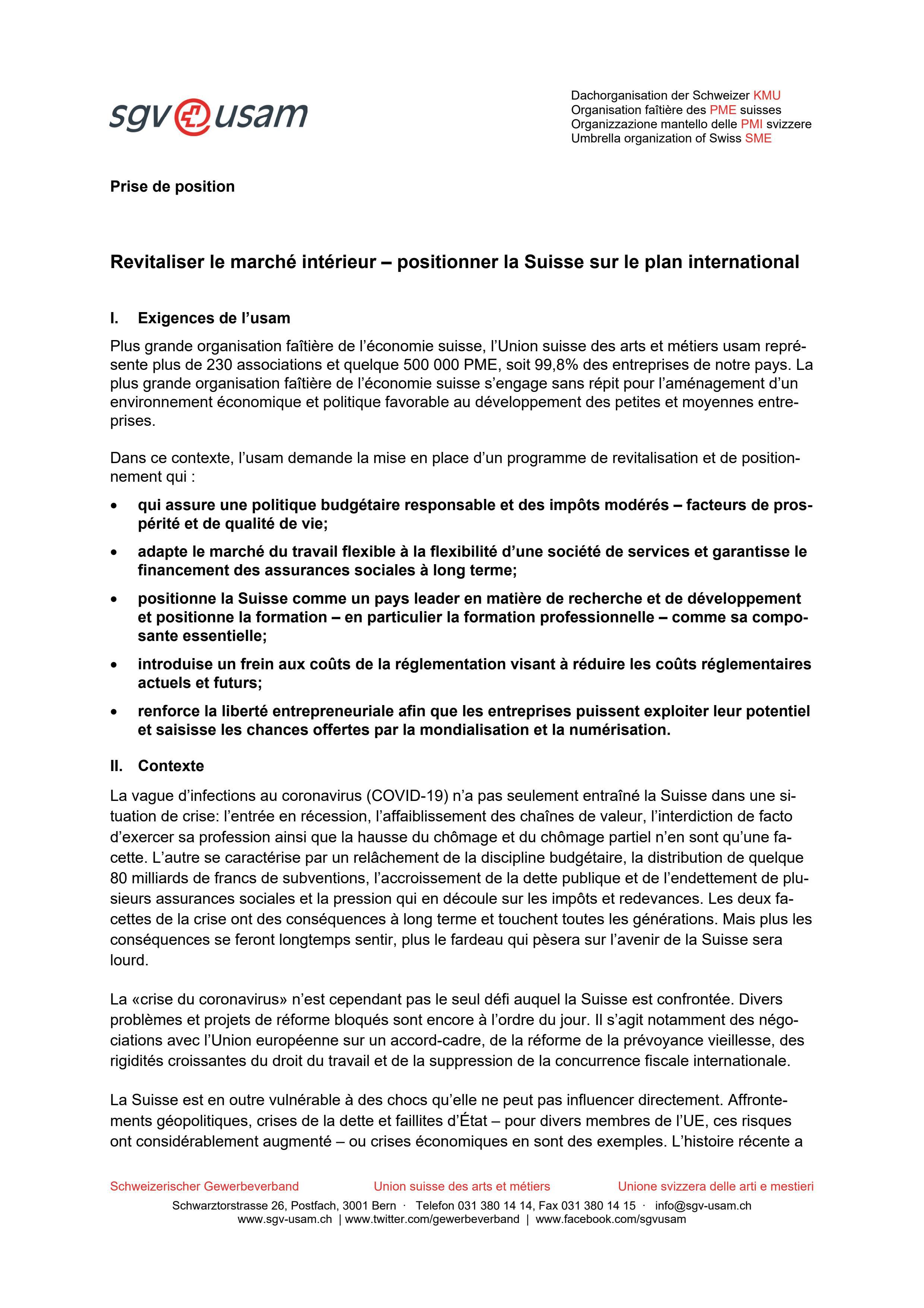  Prise de position «Revitaliser le marché intérieur – positionner la Suisse sur le plan international»
