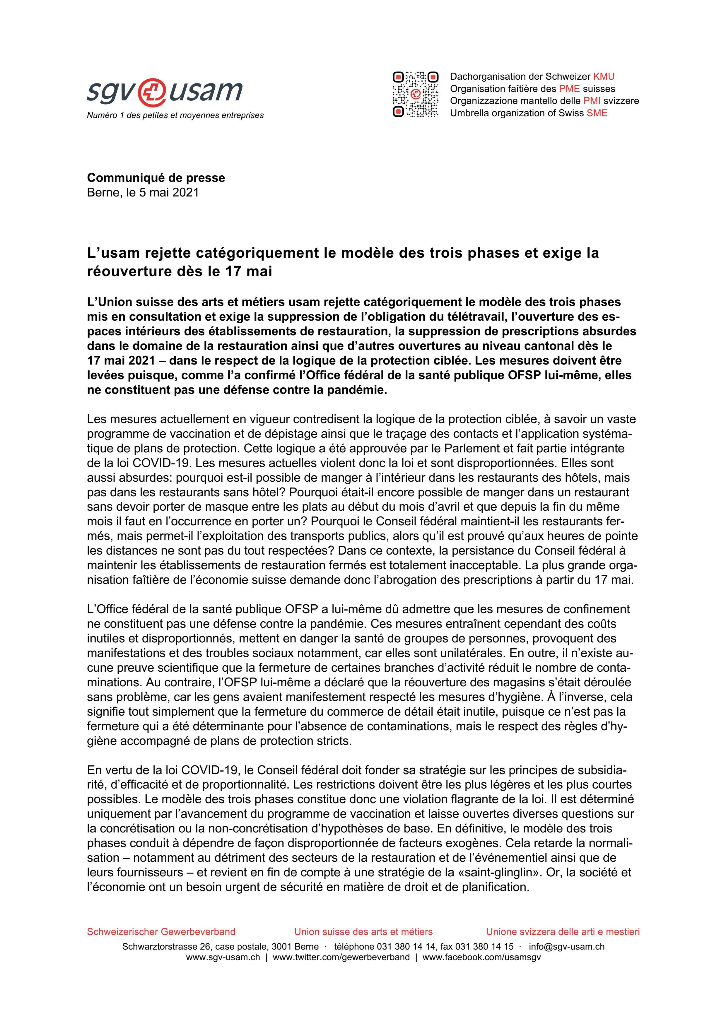 L’usam rejette catégoriquement le modèle des trois phases et exige la réouverture dès le 17 mai
