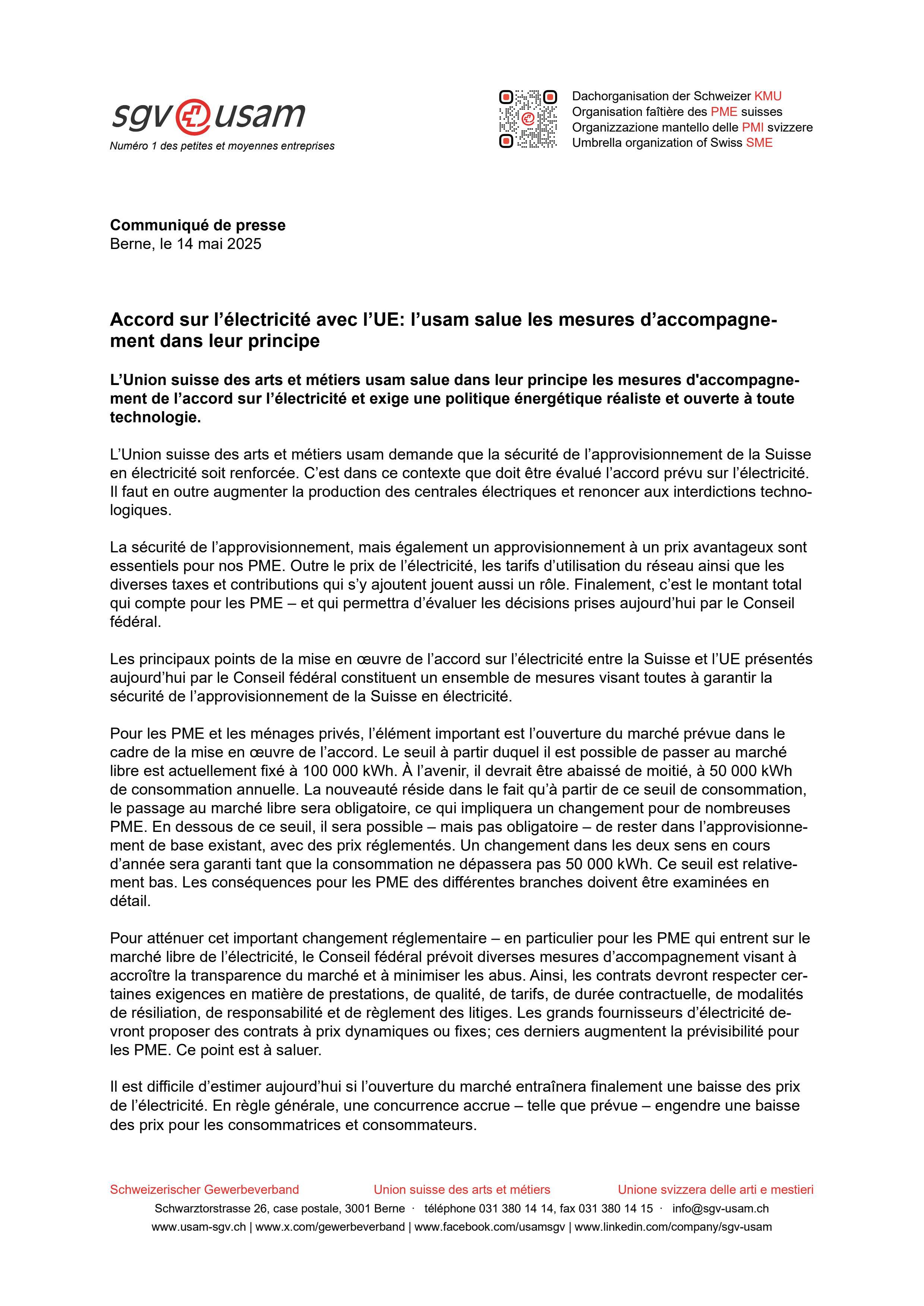Accord sur l’électricité avec l’UE: l’usam salue les mesures d’accompagnement dans leur principe