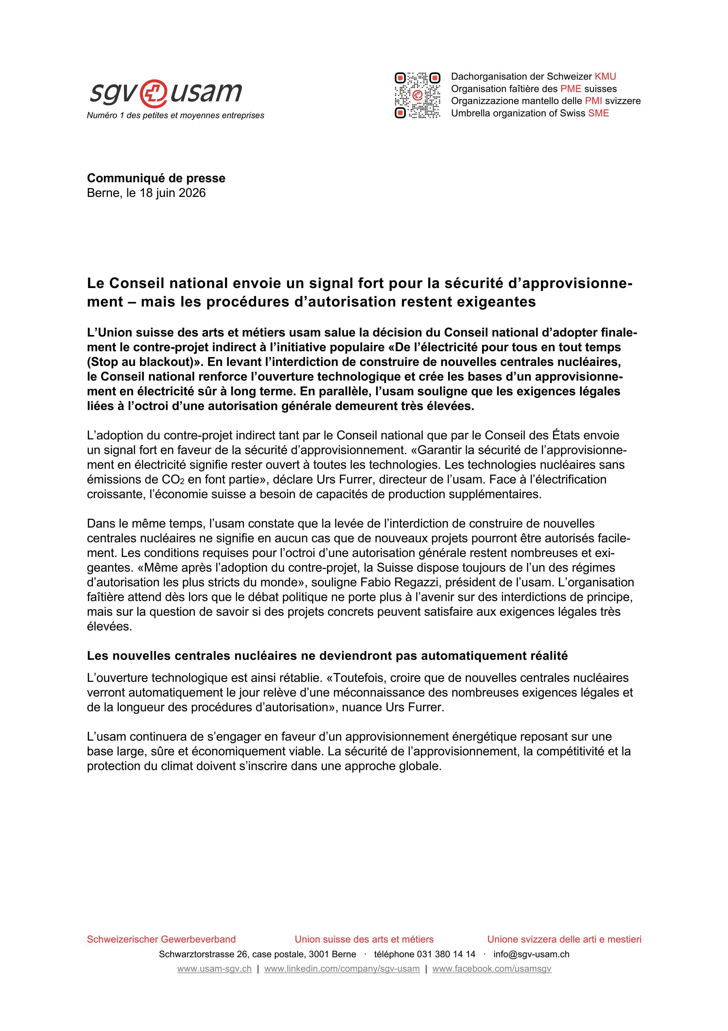 Le Conseil national envoie un signal fort pour la sécurité d’approvisionnement – mais les procédures d’autorisation restent exigeantes