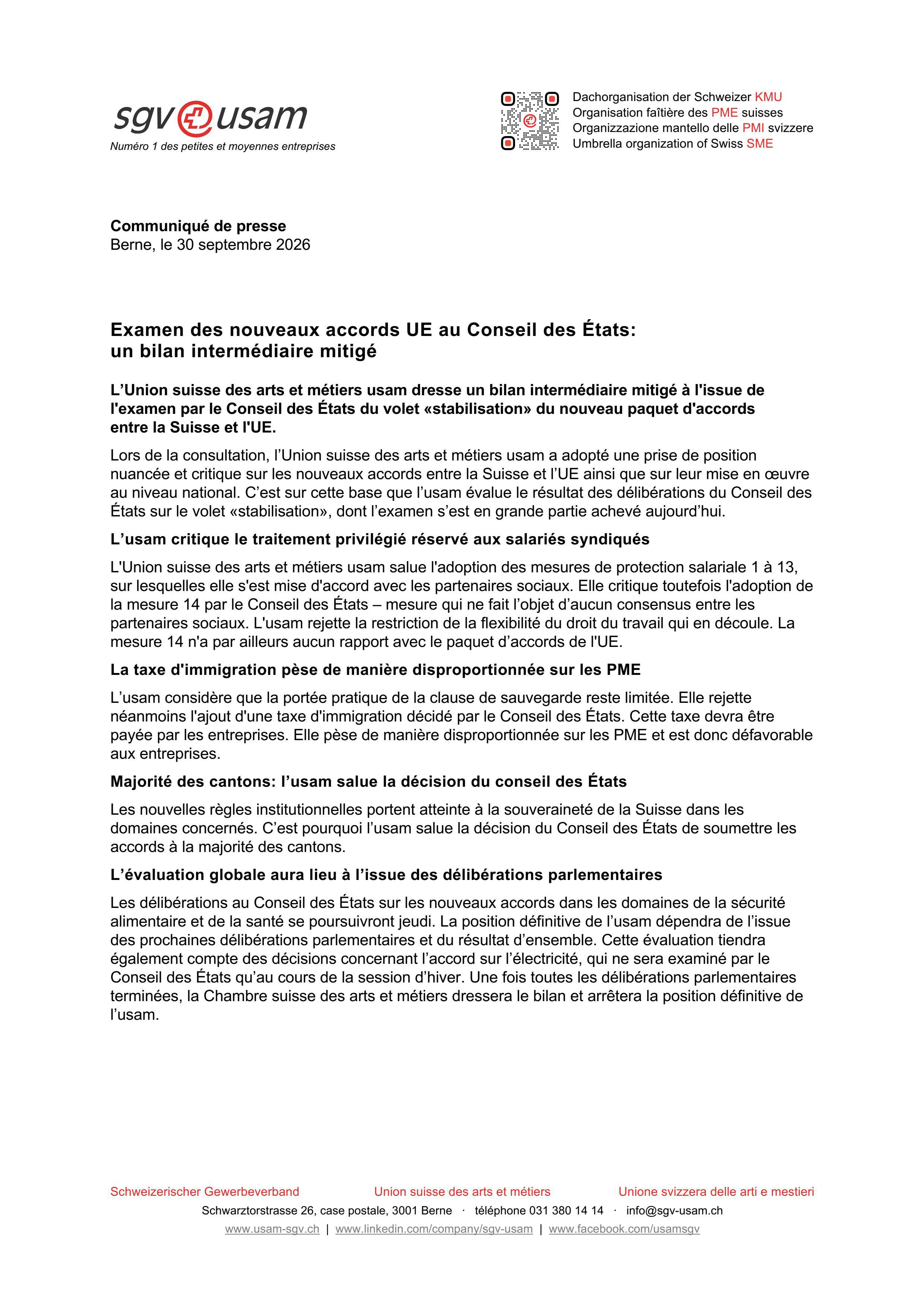 Examen des nouveaux accords UE au Conseil des États: un bilan intermédiaire mitigé