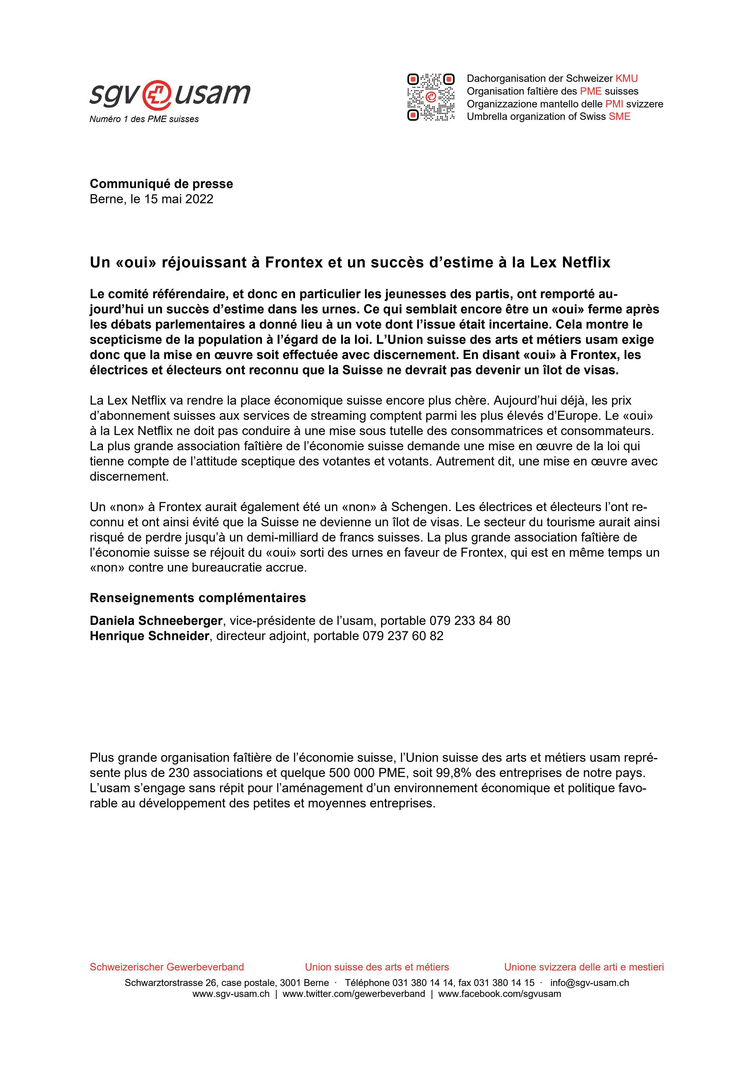 Un «oui» réjouissant à Frontex et un succès d’estime à la Lex Netflix