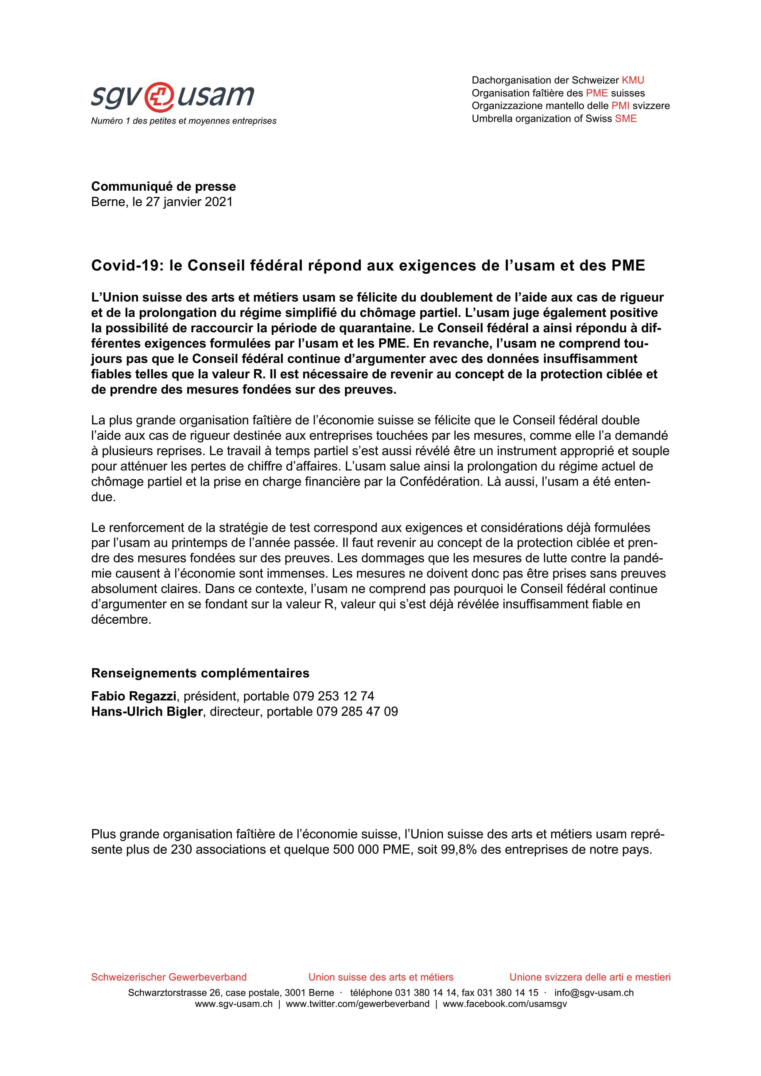Covid-19: le Conseil fédéral répond aux exigences de l’usam et des PME