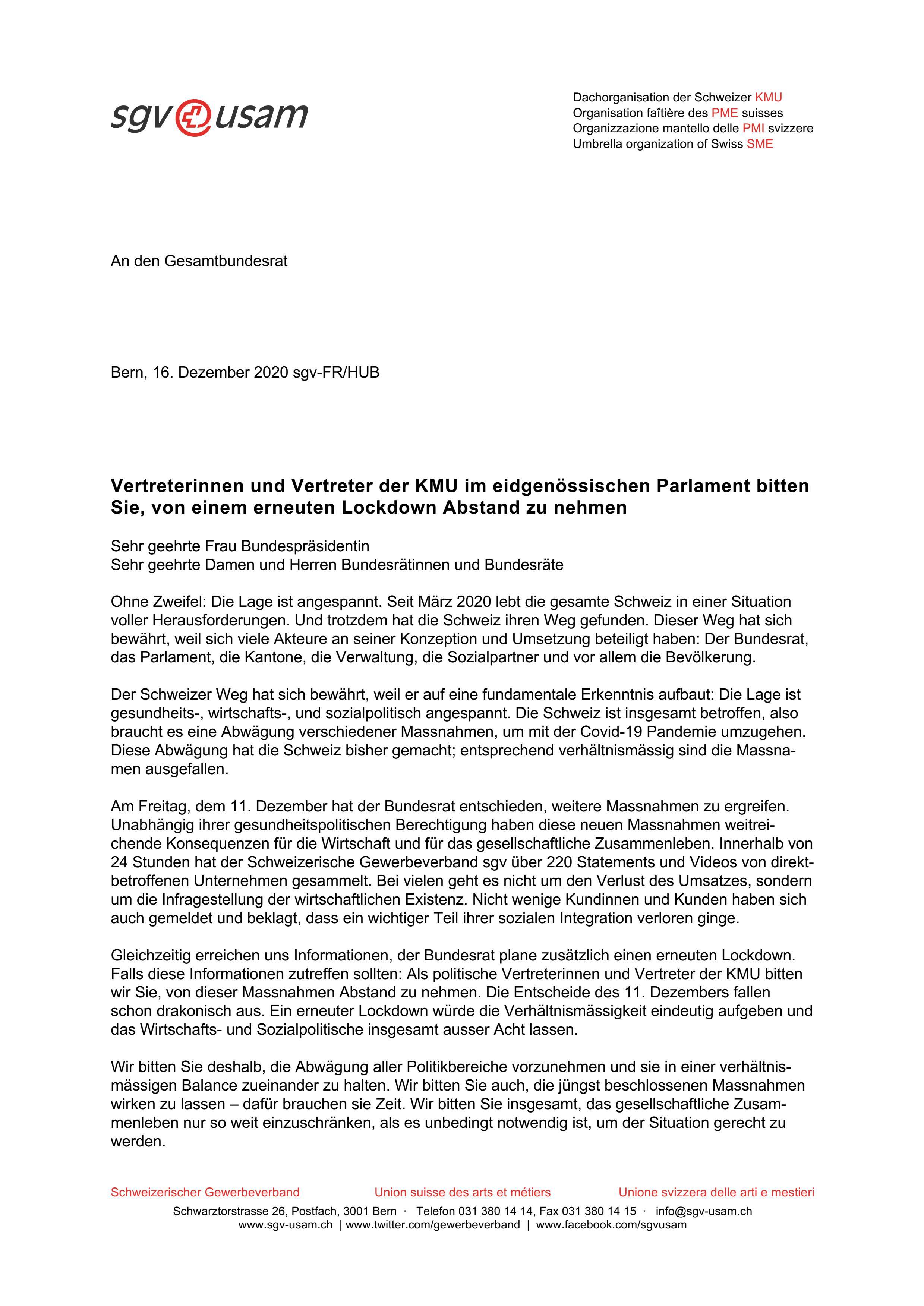  Kein erneuter Lockdown: Appell an den Gesamtbundesrat