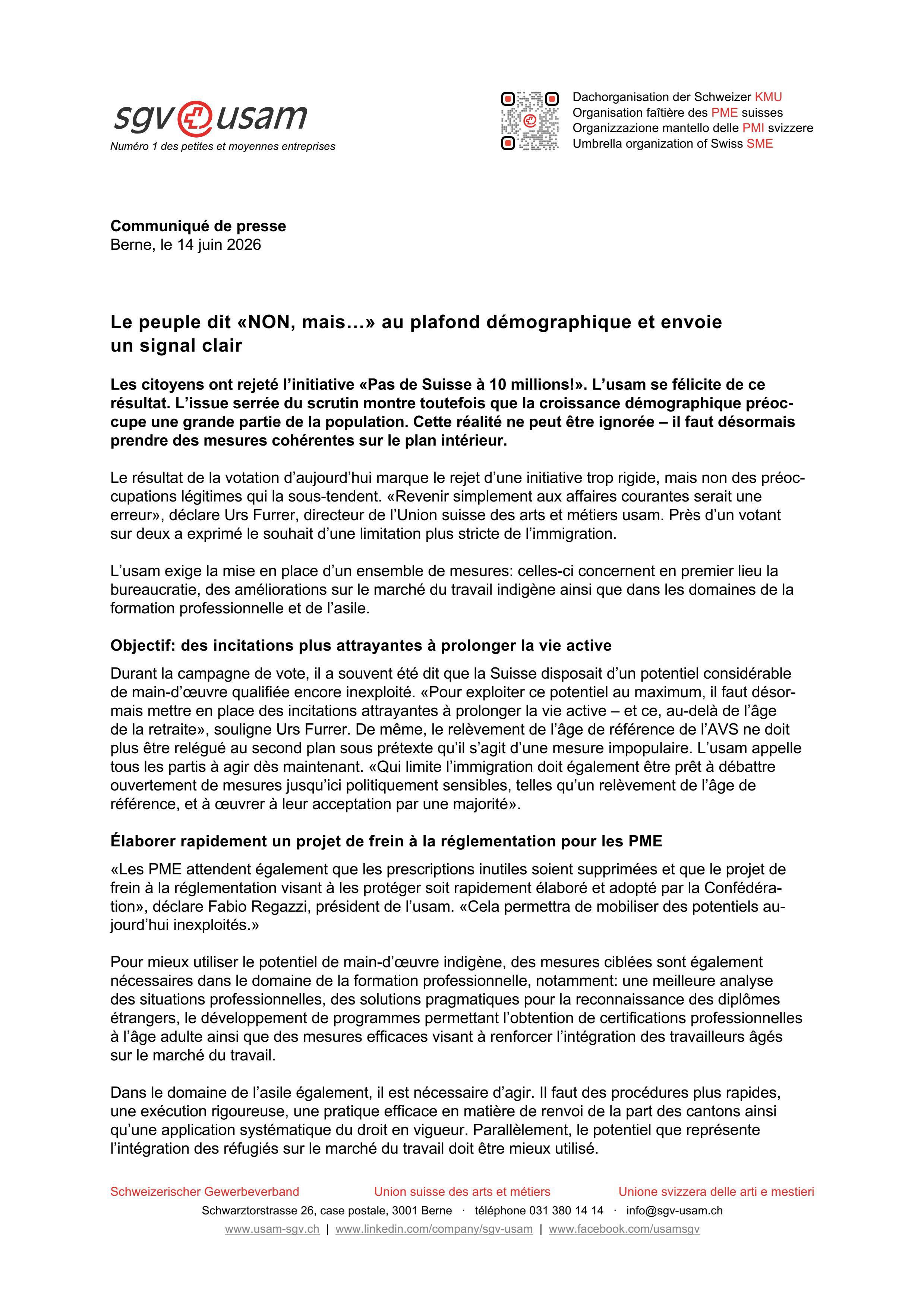 Le peuple dit «NON, mais…» au plafond démographique et envoie un signal clair