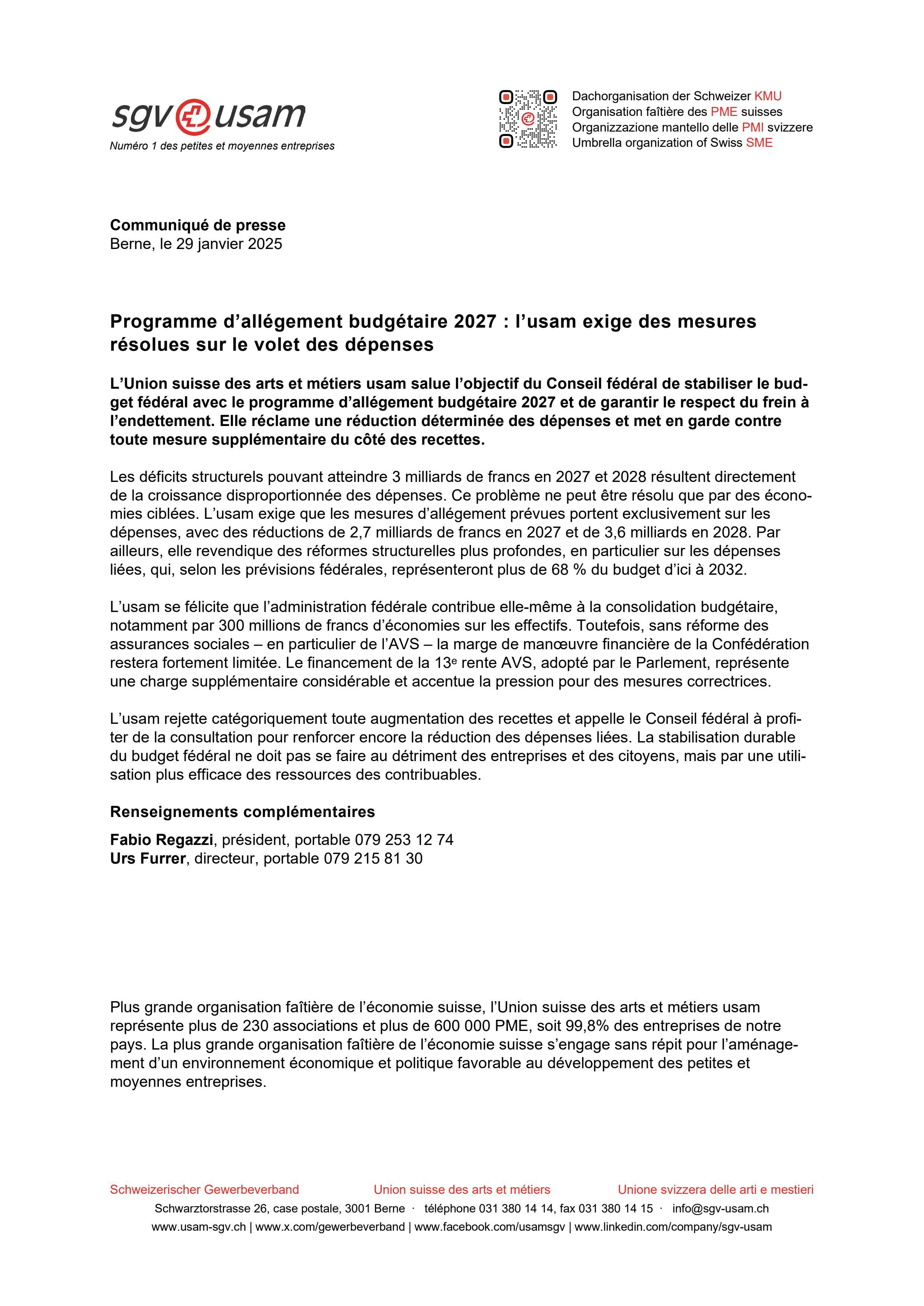 Programme d’allégement budgétaire 2027 : l’usam exige des mesures résolues sur le volet des dépenses