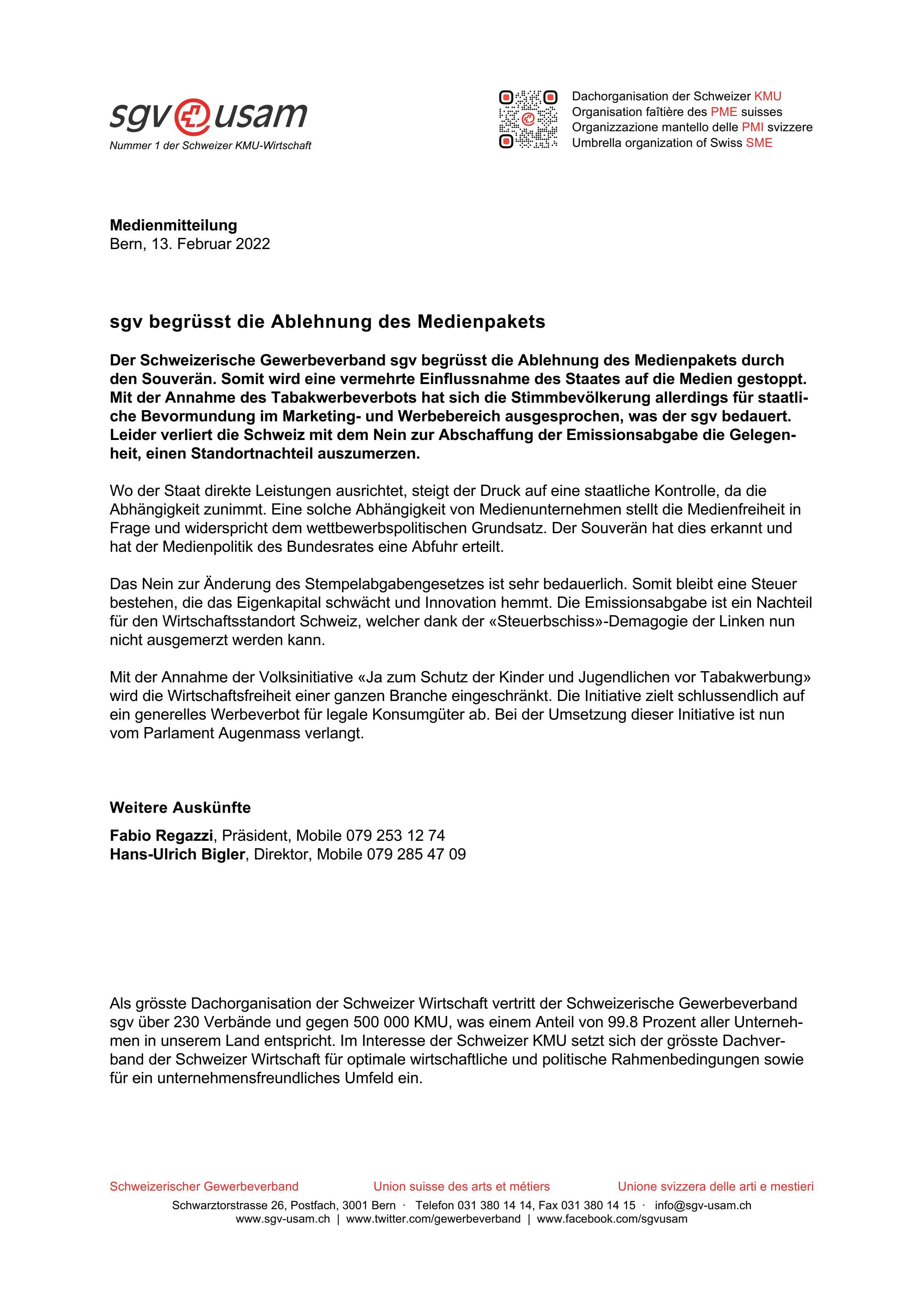 sgv begrüsst die Ablehnung des Medienpakets