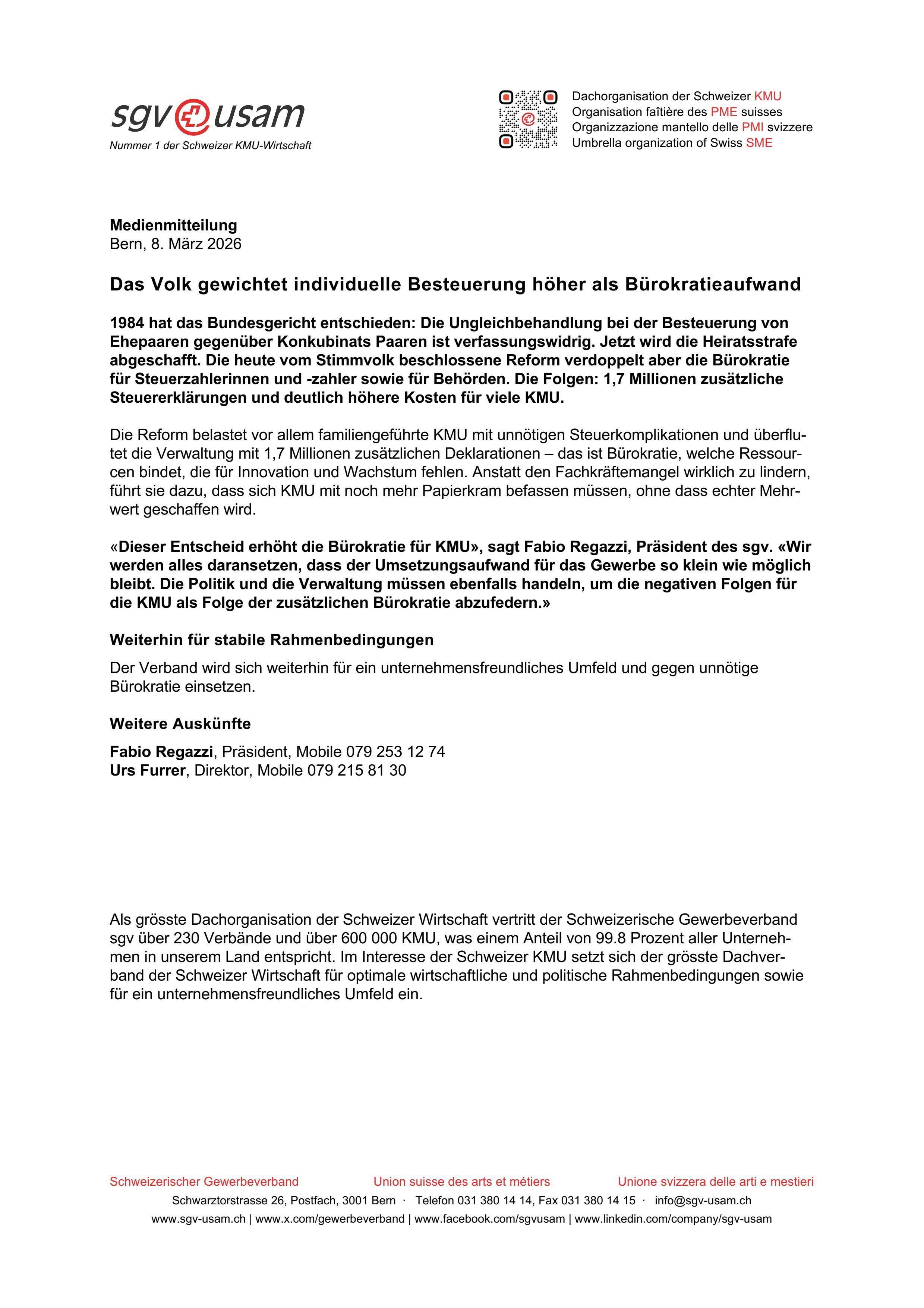 Das Volk gewichtet individuelle Besteuerung höher als Bürokratieaufwand