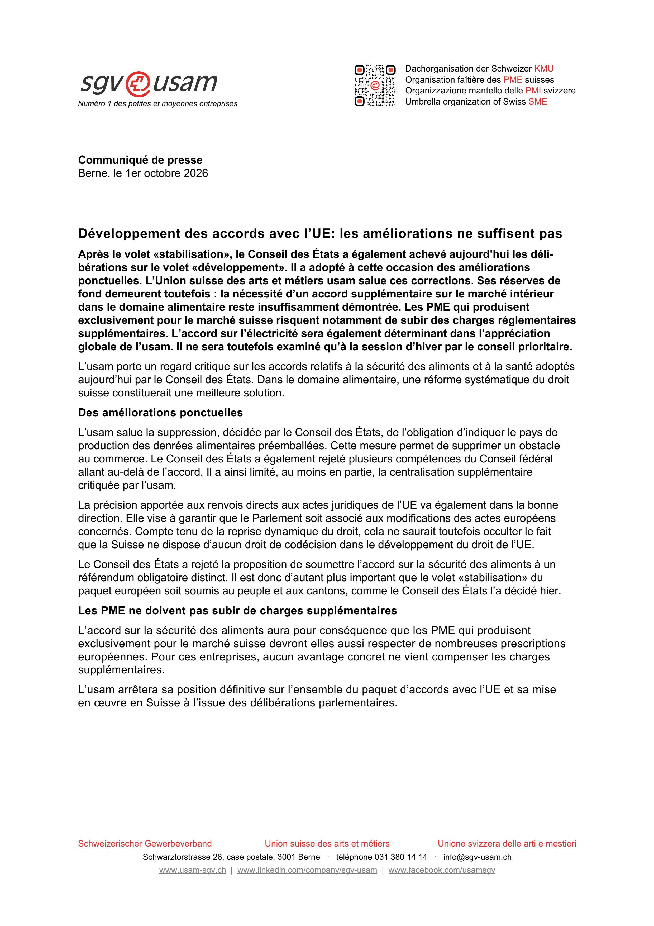 Développement des accords avec l’UE: les améliorations ne suffisent pas