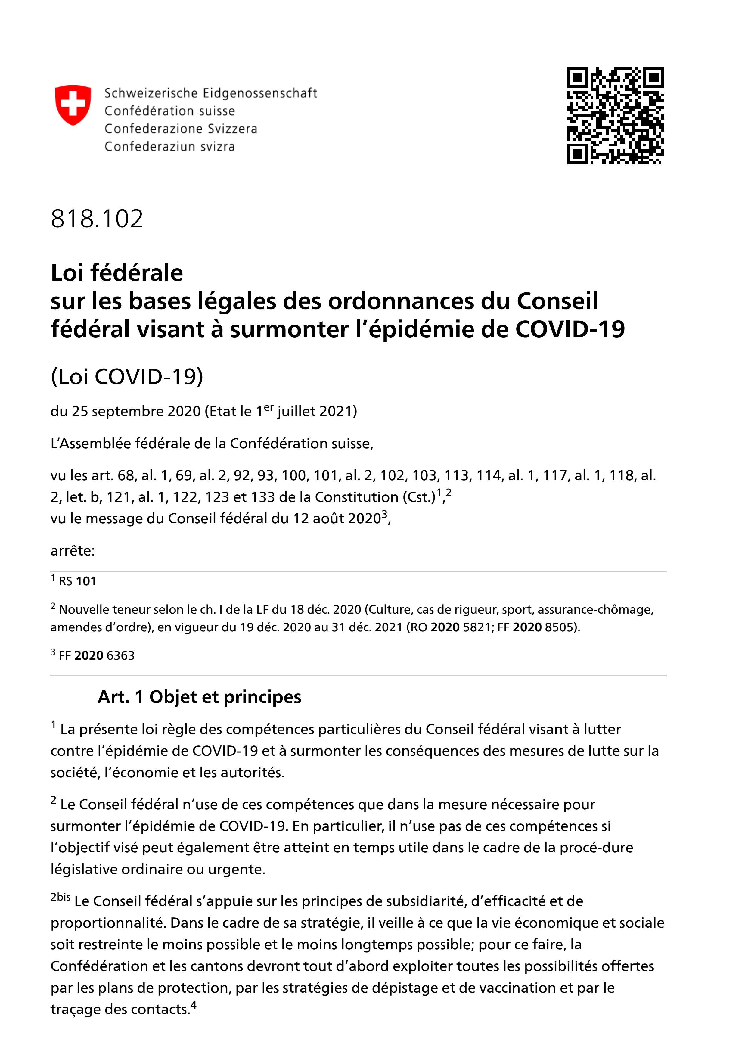  Loi COVID-19 | Etat 1er juillet 2021