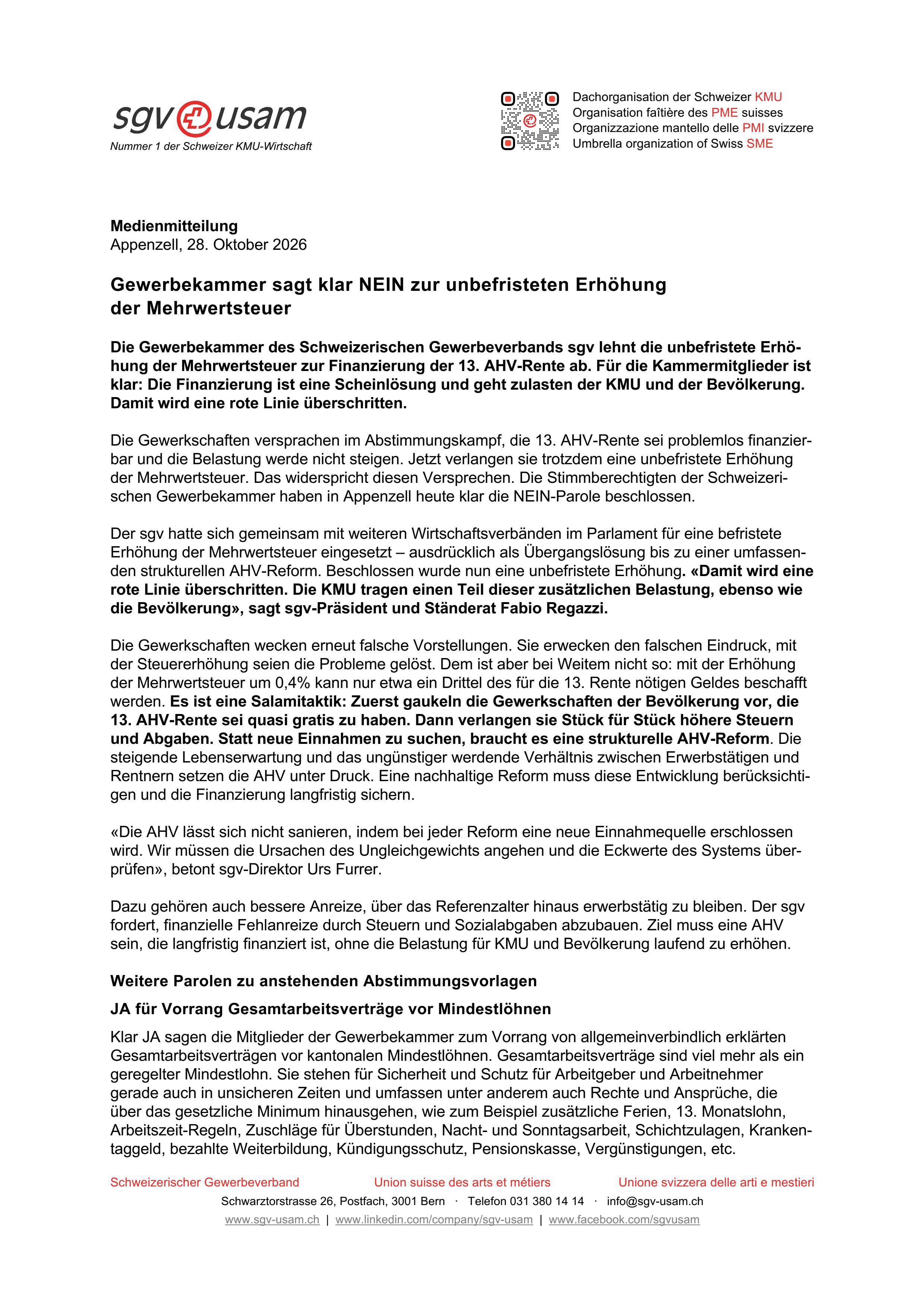 Gewerbekammer sagt klar NEIN zur unbefristeten Erhöhung der Mehrwertsteuer