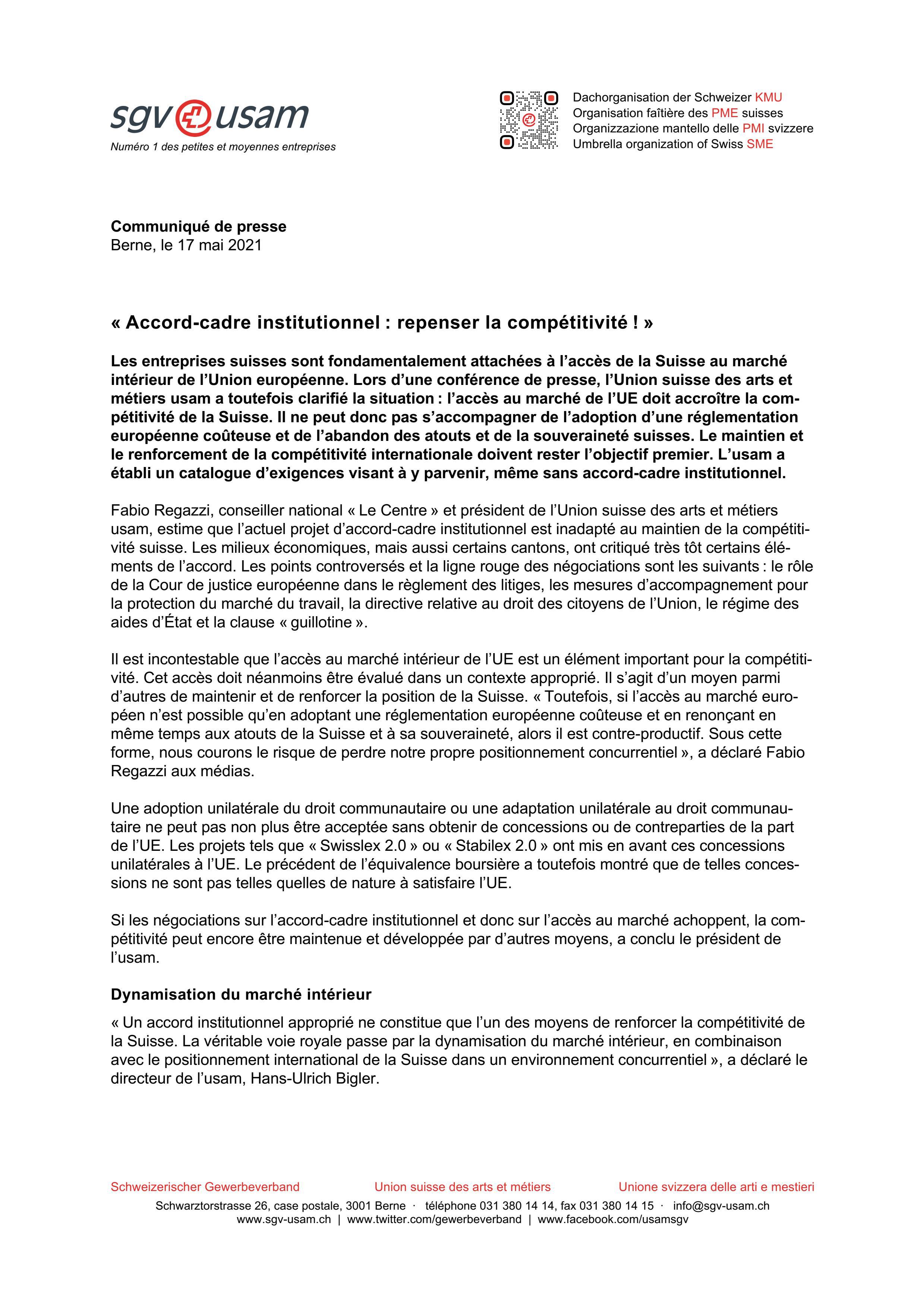 « Accord-cadre institutionnel : repenser la compétitivité ! »