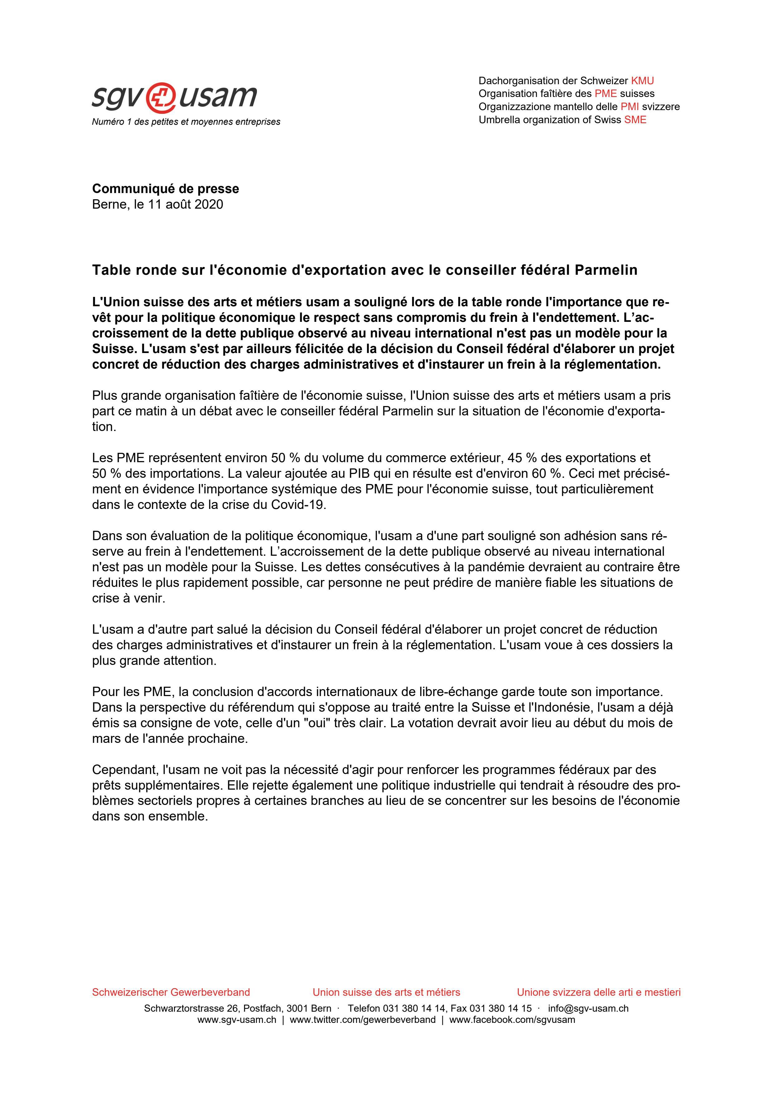 Table ronde sur l'économie d'exportation avec le conseiller fédéral Parmelin