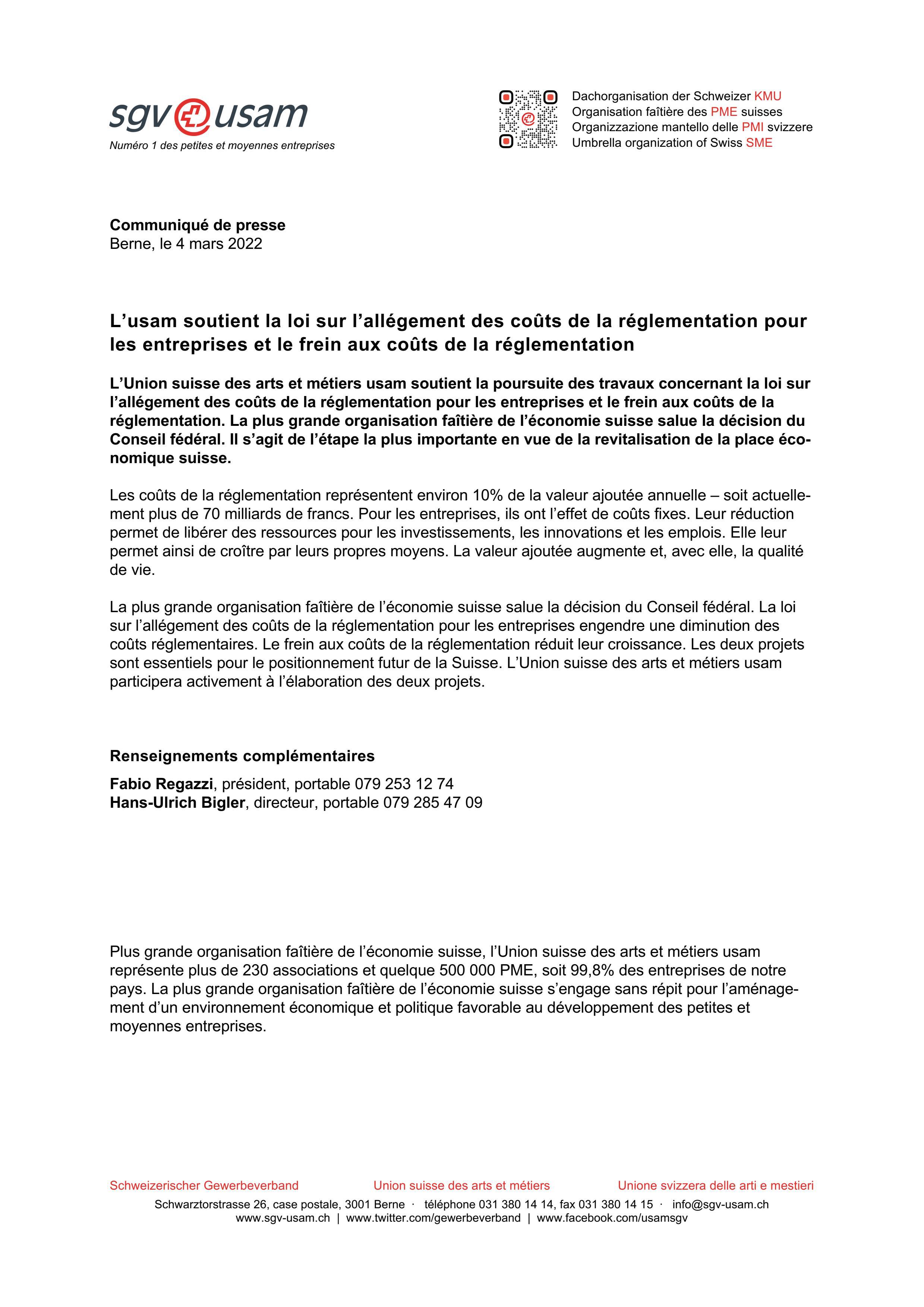 L’usam soutient la loi sur l’allégement des coûts de la réglementation pour les entreprises et le frein aux coûts de la réglementation